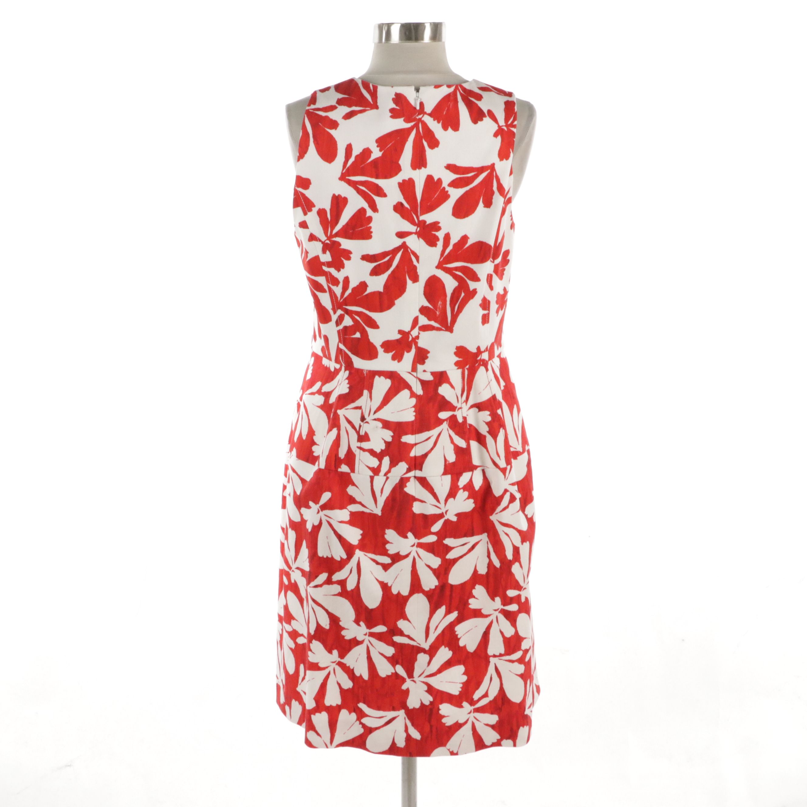 Oscar de la Renta Red and White Printed Paneled Midi Dress