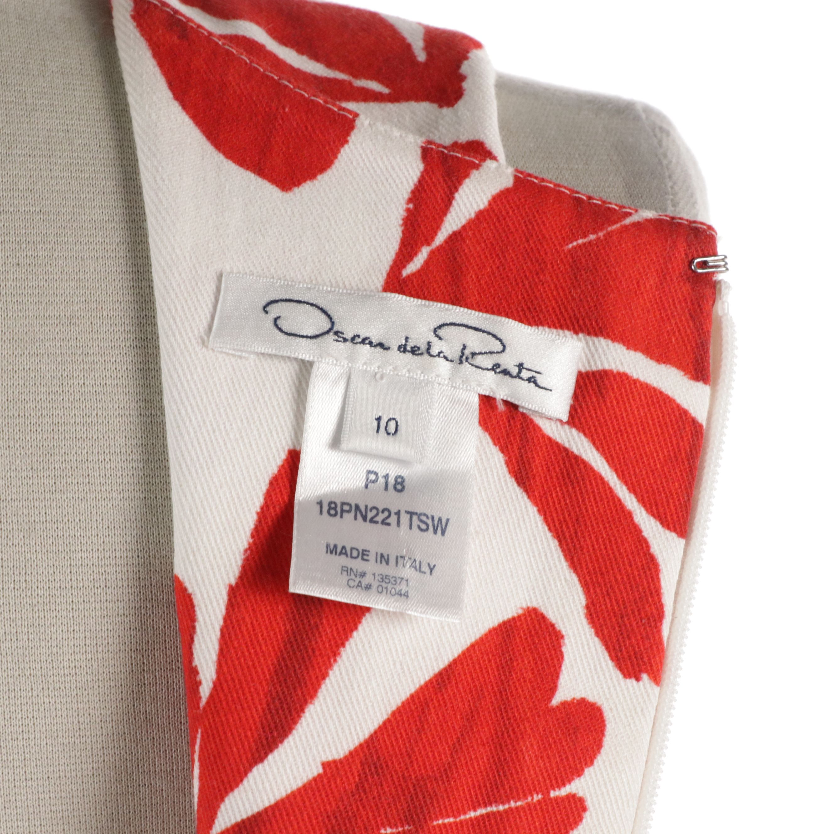 Oscar de la Renta Red and White Printed Paneled Midi Dress