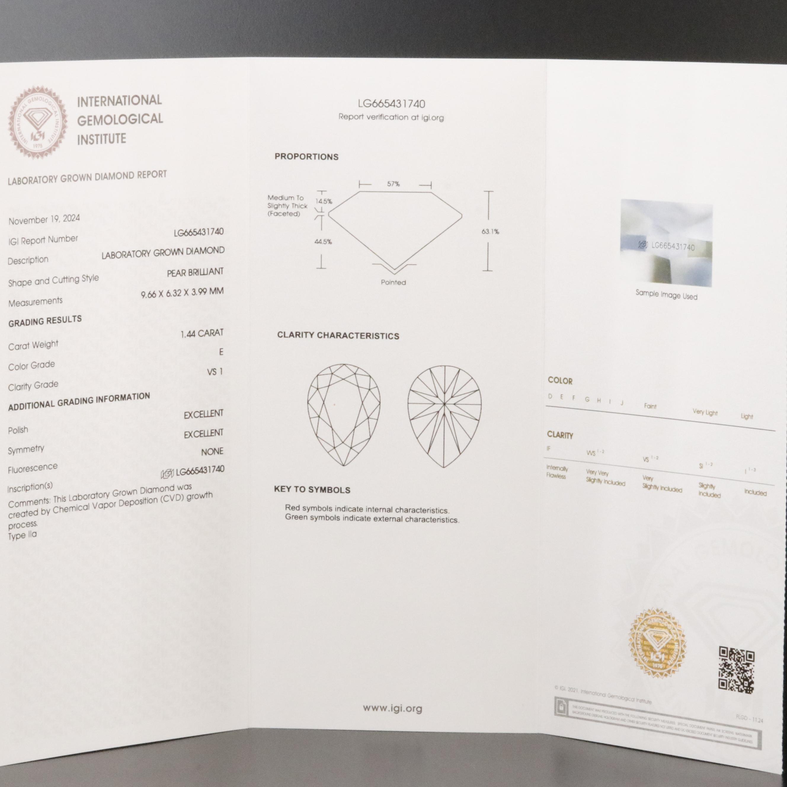 Loose 1.44 CT Lab Grown Diamond with IGI Report