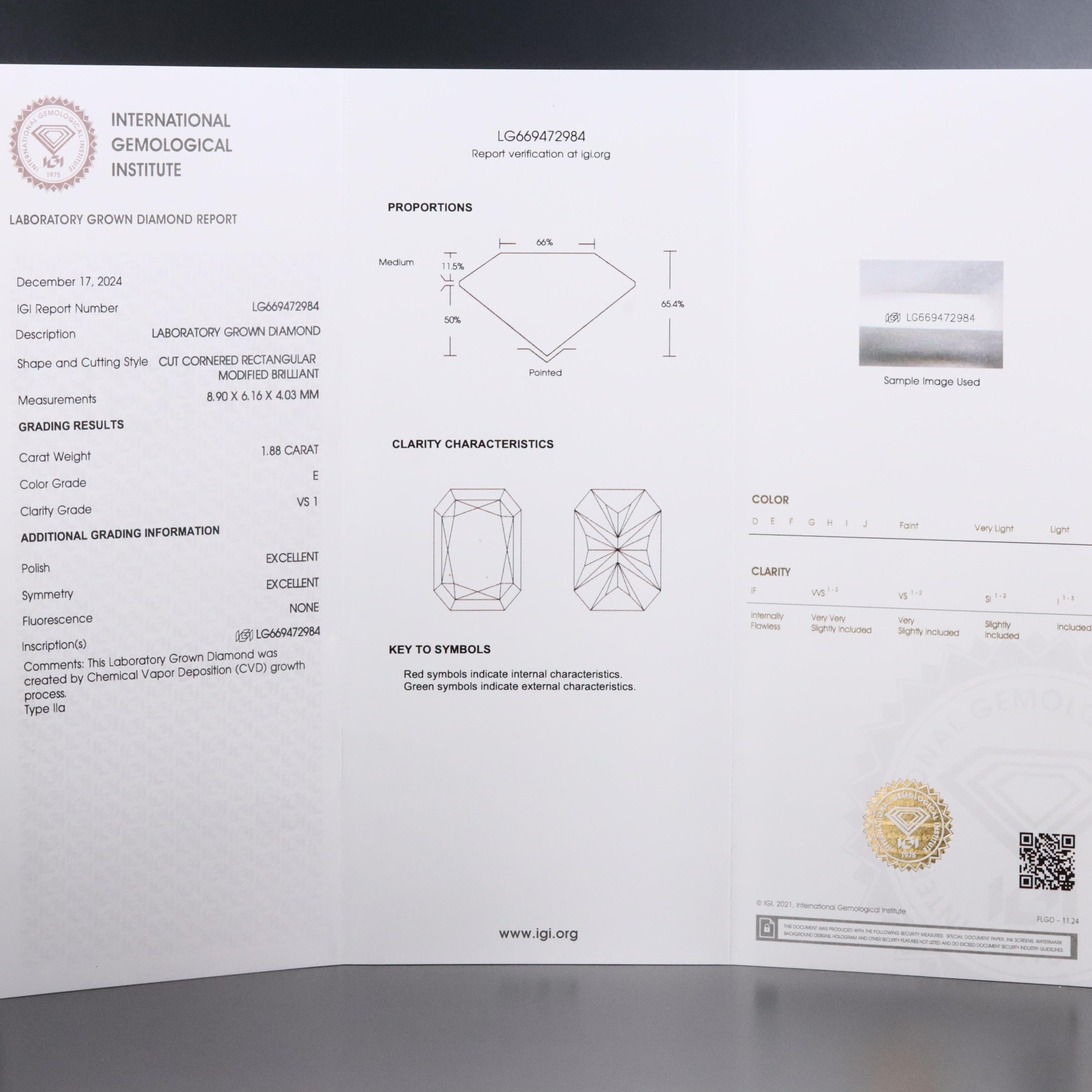Loose 1.88 CT Lab Grown Diamond with IGI Report