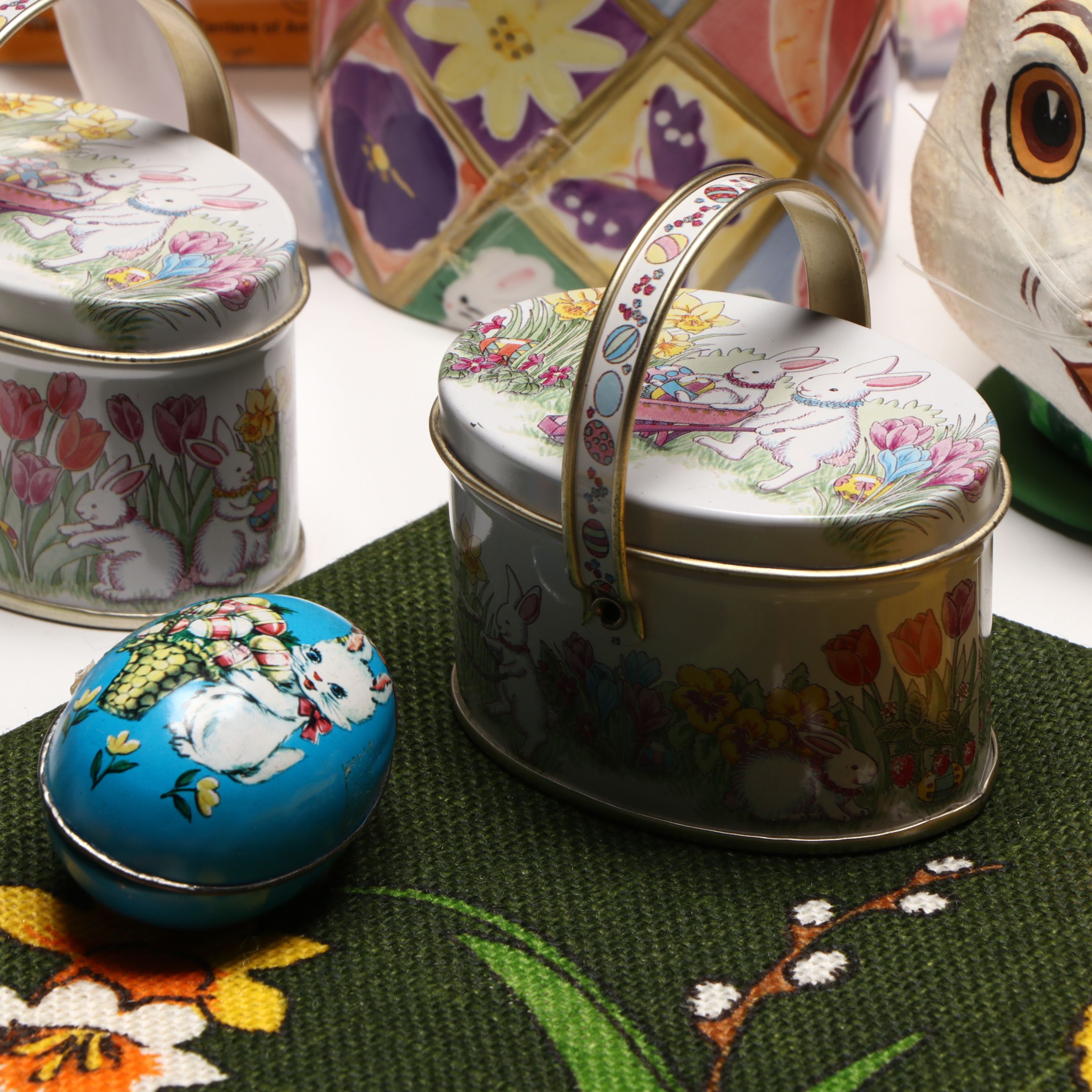 Easter Mini Globe Lights with Papier-Mâché Candy Baskets and Other Decor