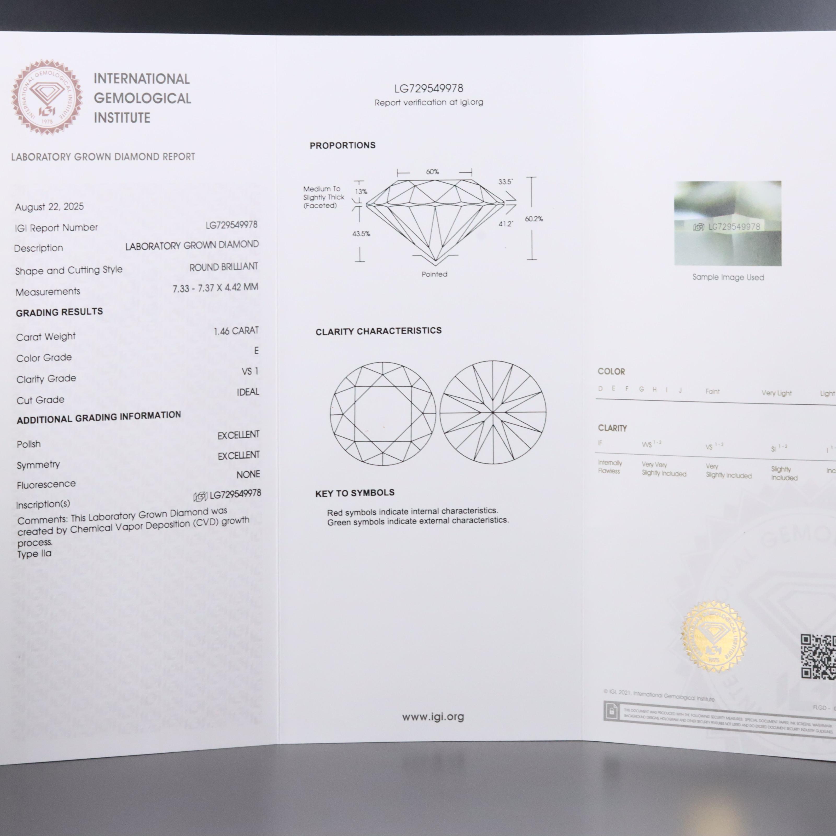 Loose 1.46 CT Lab Grown Diamond with IGI Report