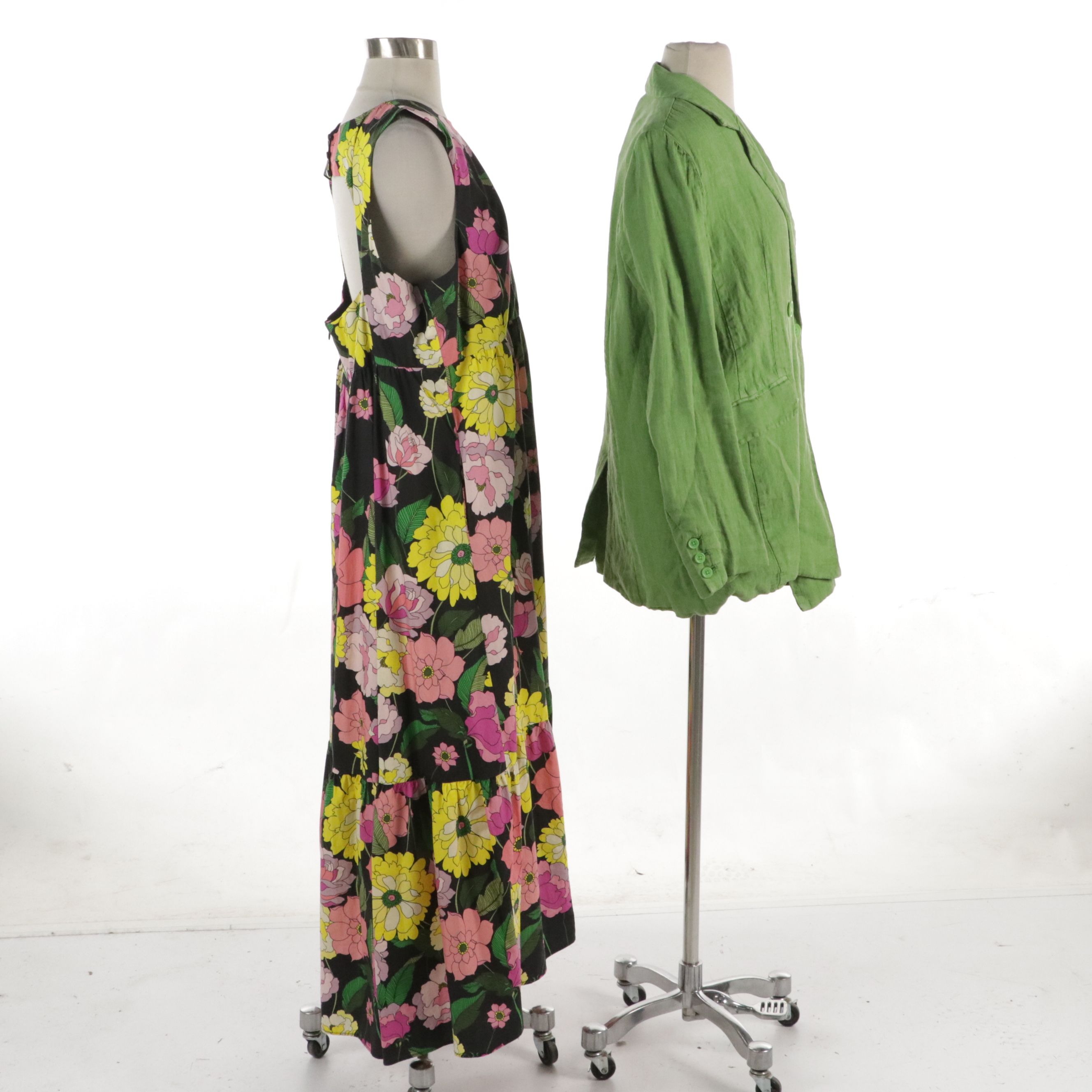 Sundance Green Linen Long Blazer and Johnny Was Floral Printed Maxi Dress