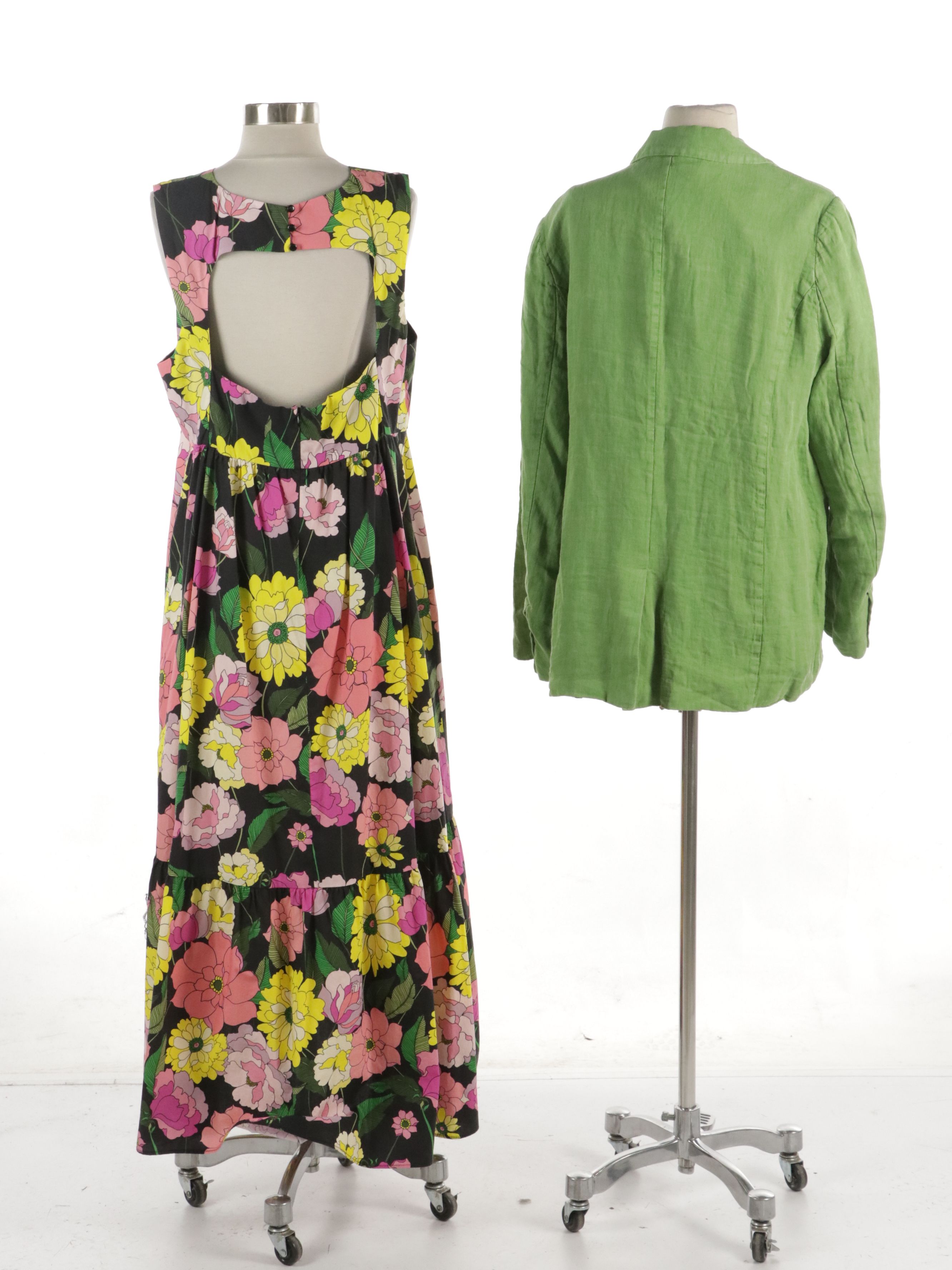 Sundance Green Linen Long Blazer and Johnny Was Floral Printed Maxi Dress