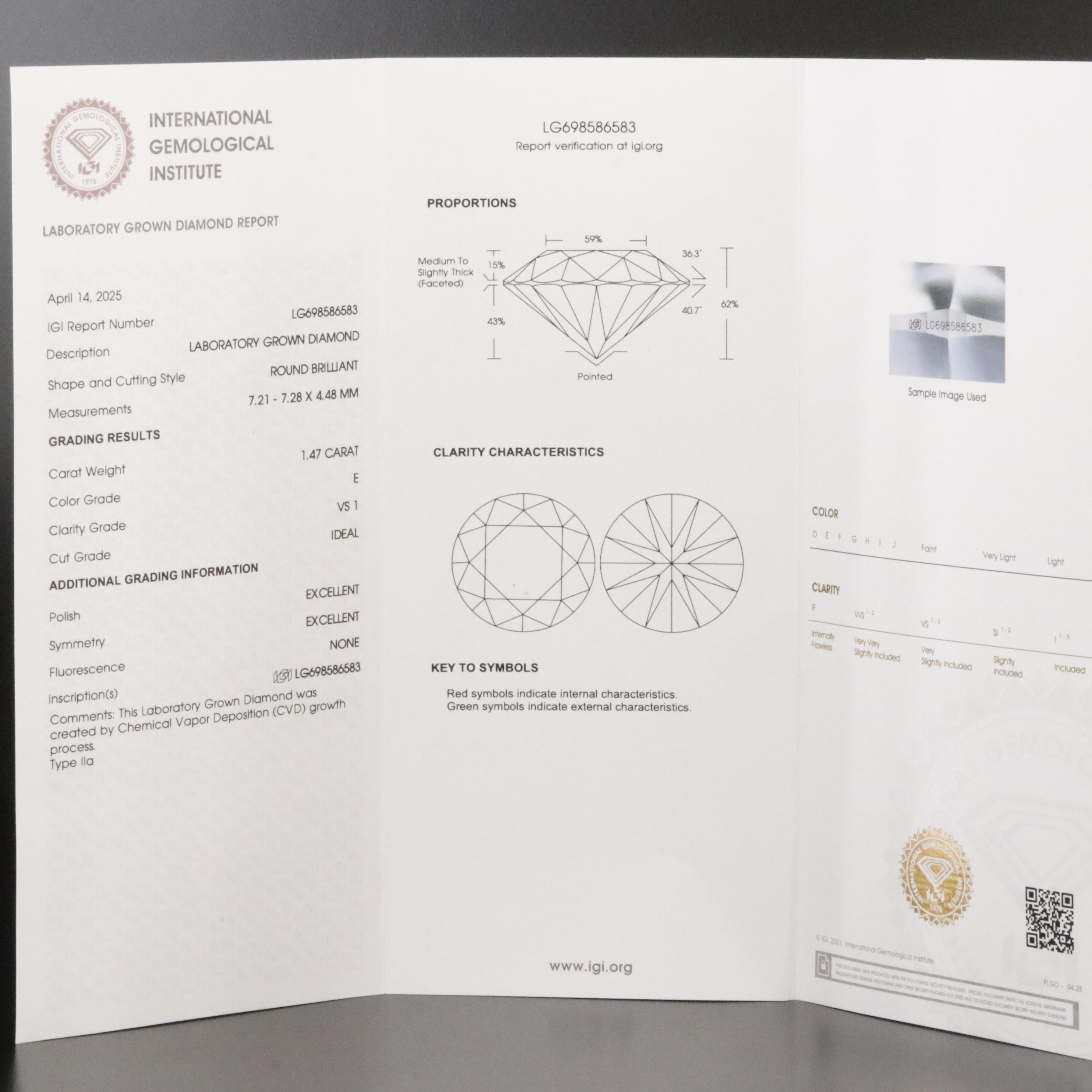 Loose 1.47 CT Lab Grown Diamond with IGI Report