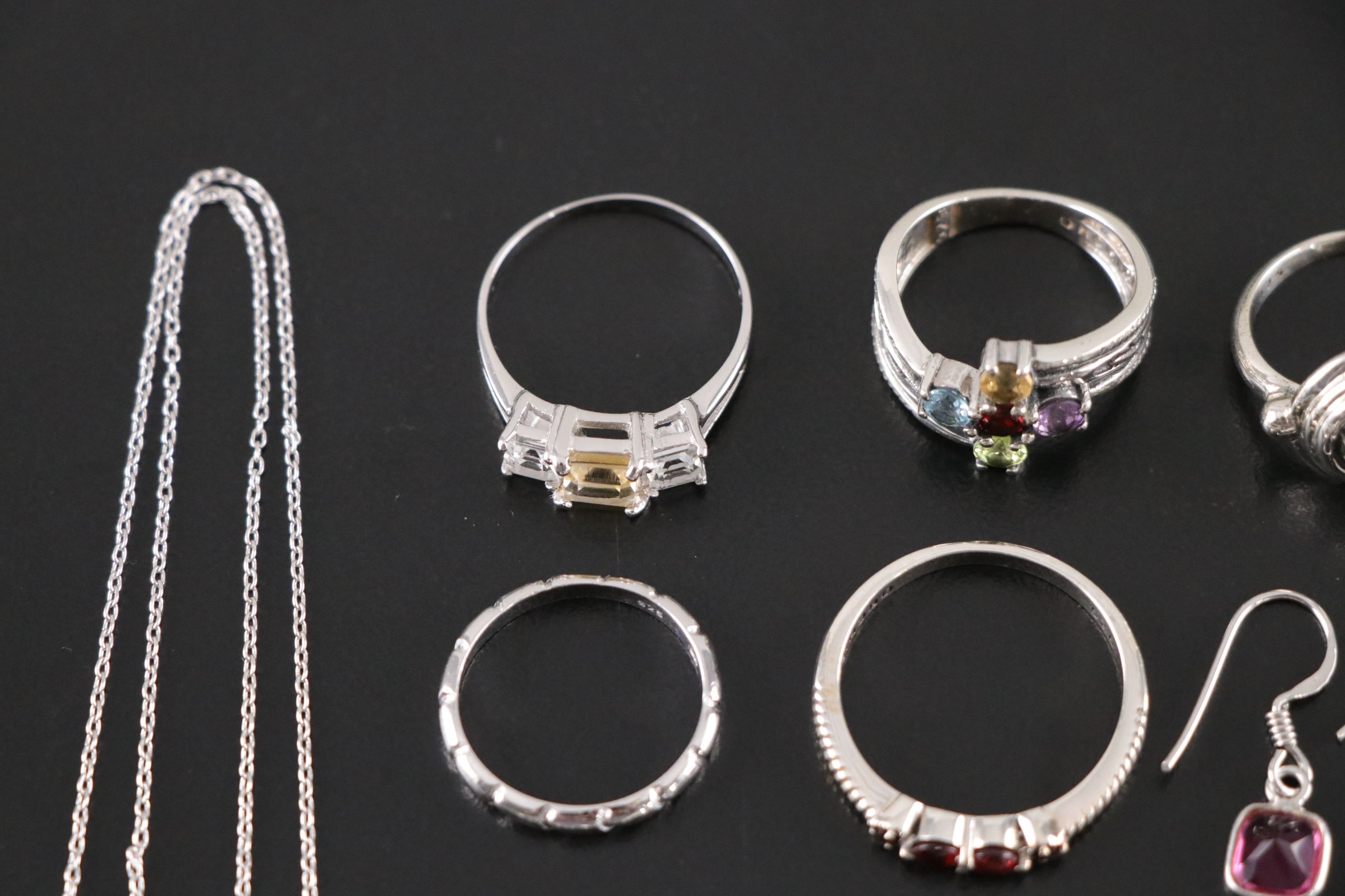 14 Assorted Sterling Silver Rings, Necklaces and Earrings