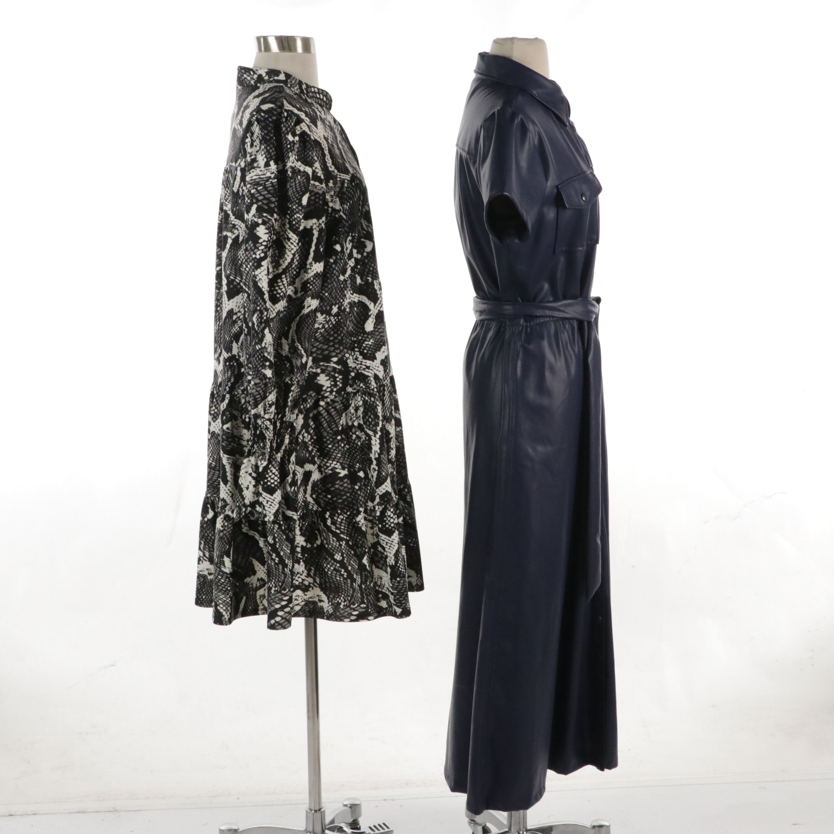 Jude Connally "Cecilia" Faux Leather Midi Dress and "Tammi" Python Print Dress
