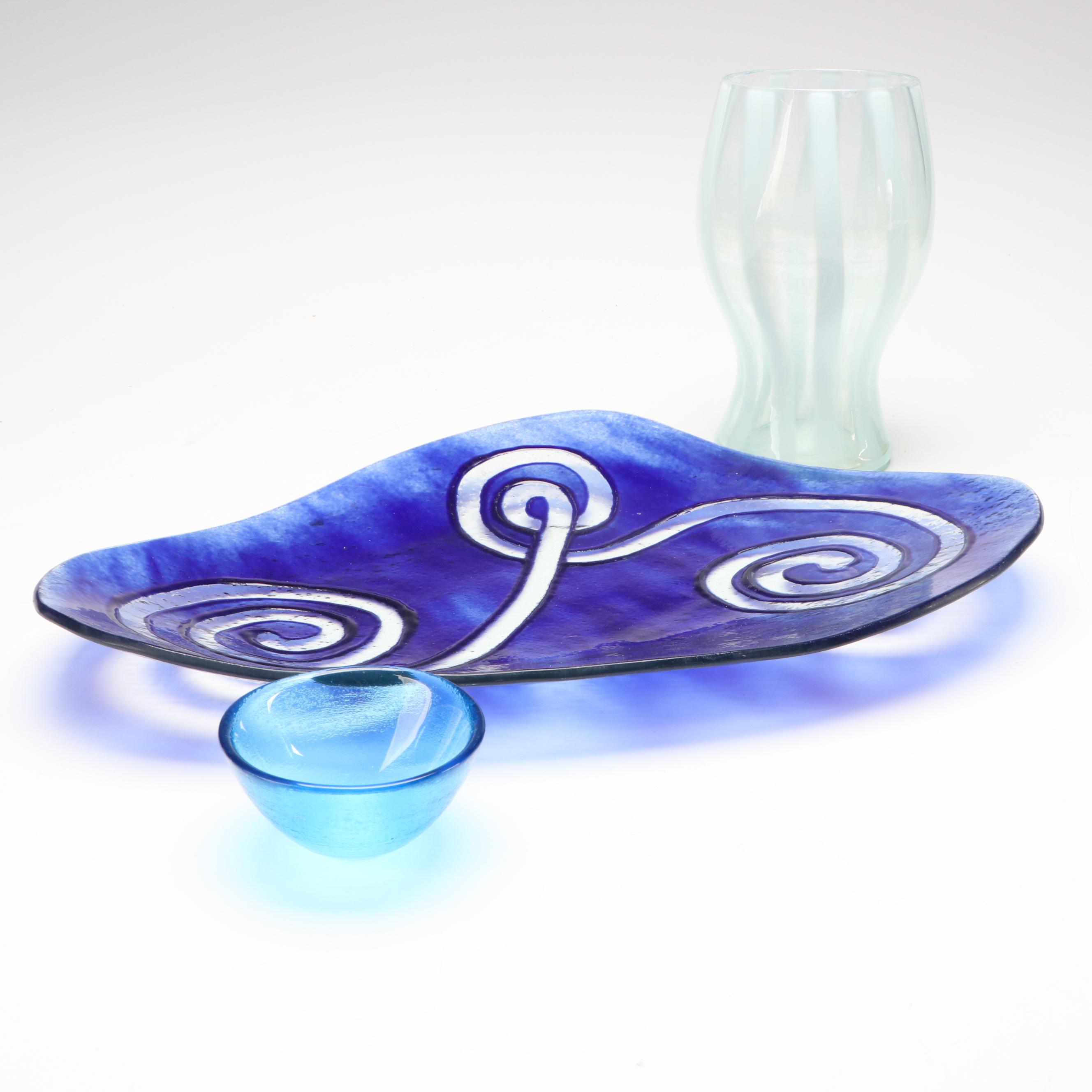 Studio Art Glass Blue Swirl Plate with Vase and Bowl