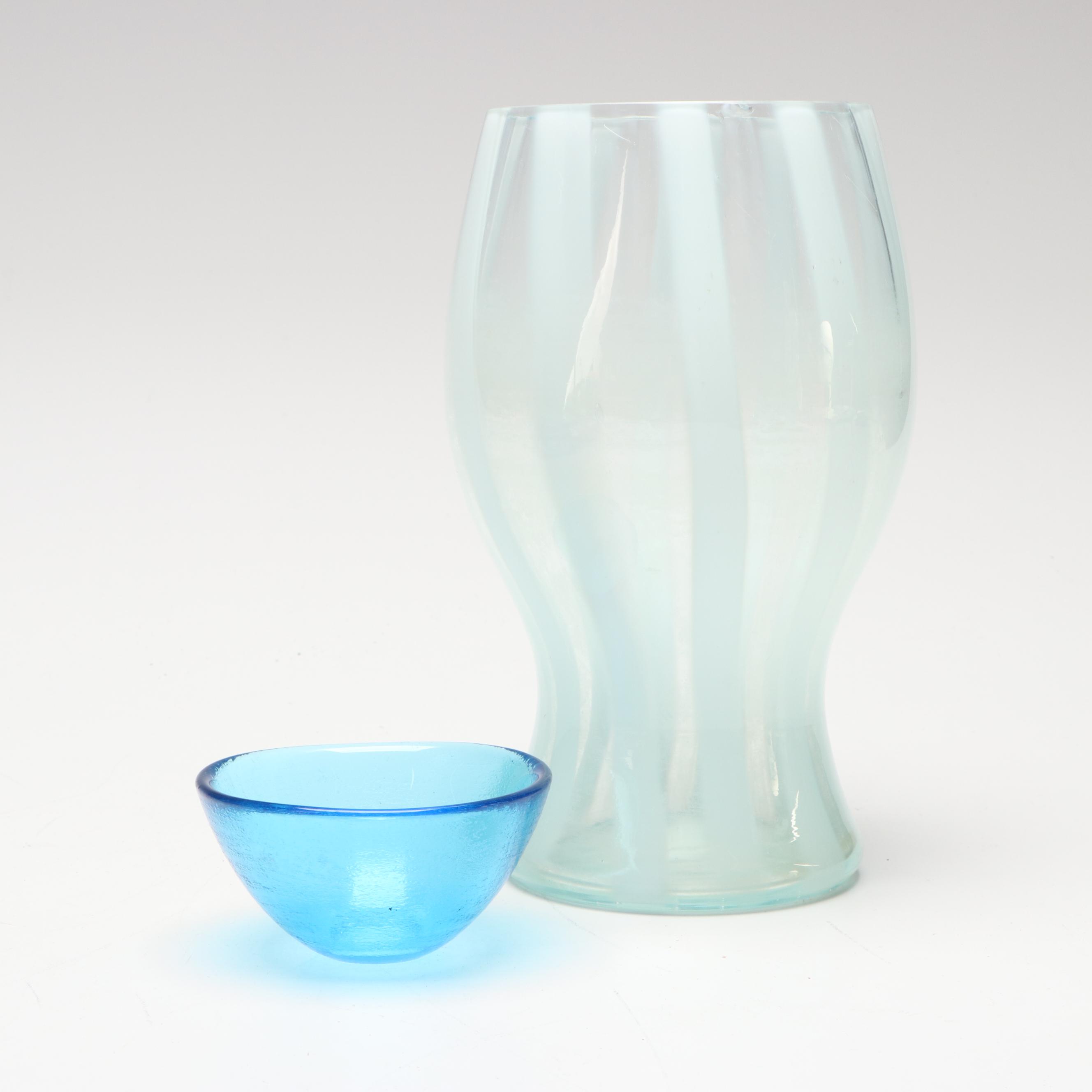 Studio Art Glass Blue Swirl Plate with Vase and Bowl