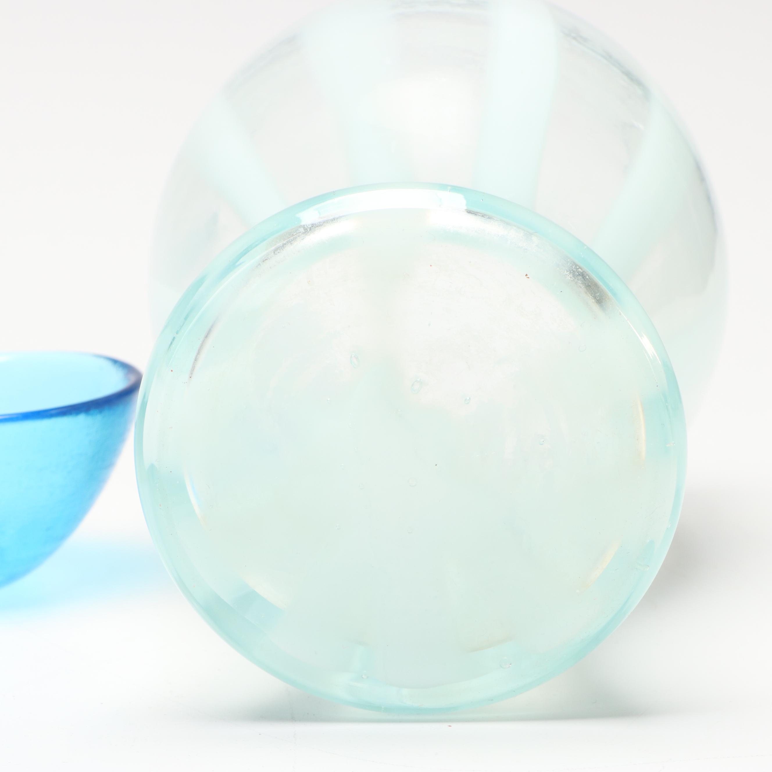 Studio Art Glass Blue Swirl Plate with Vase and Bowl