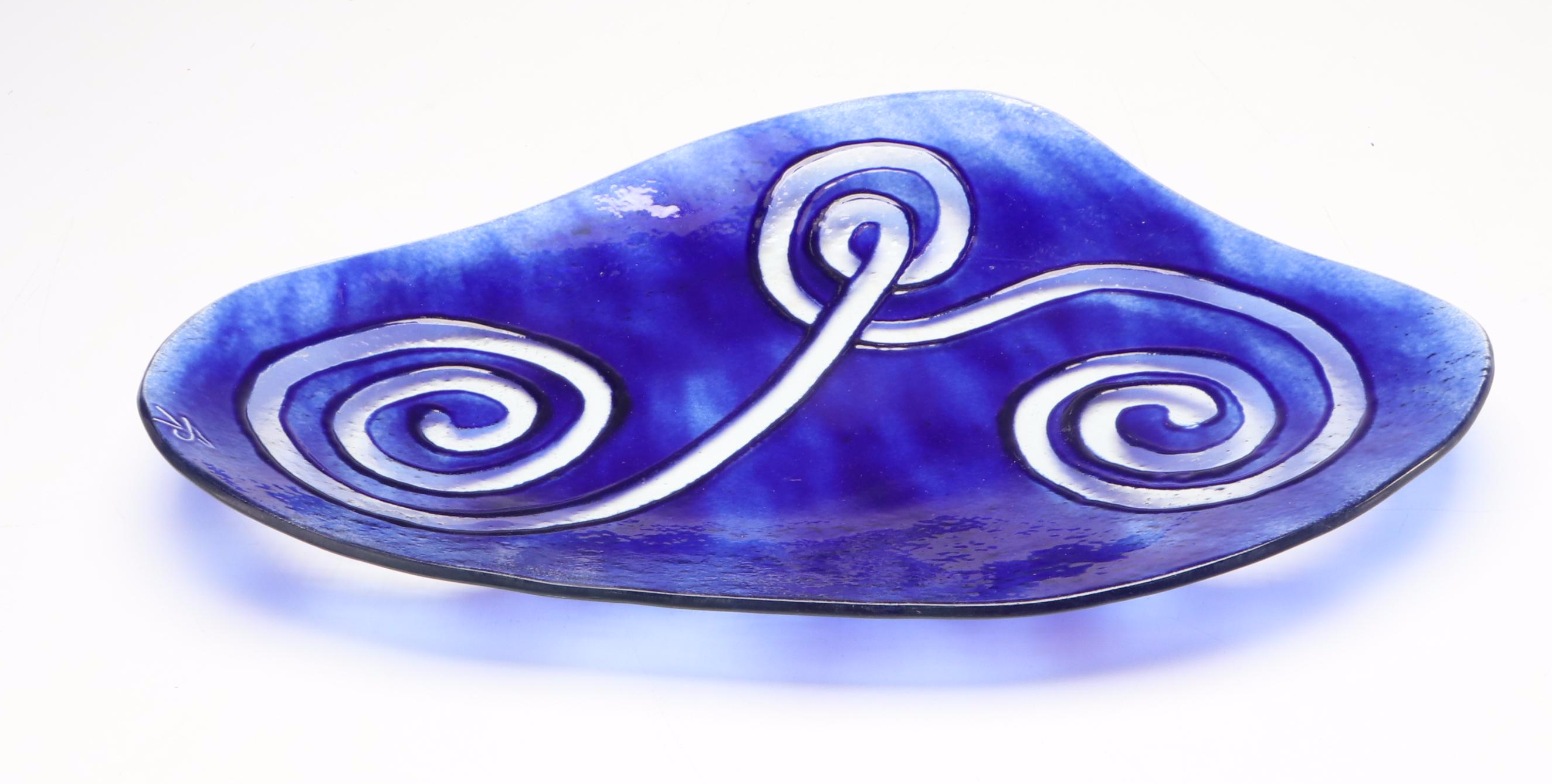 Studio Art Glass Blue Swirl Plate with Vase and Bowl