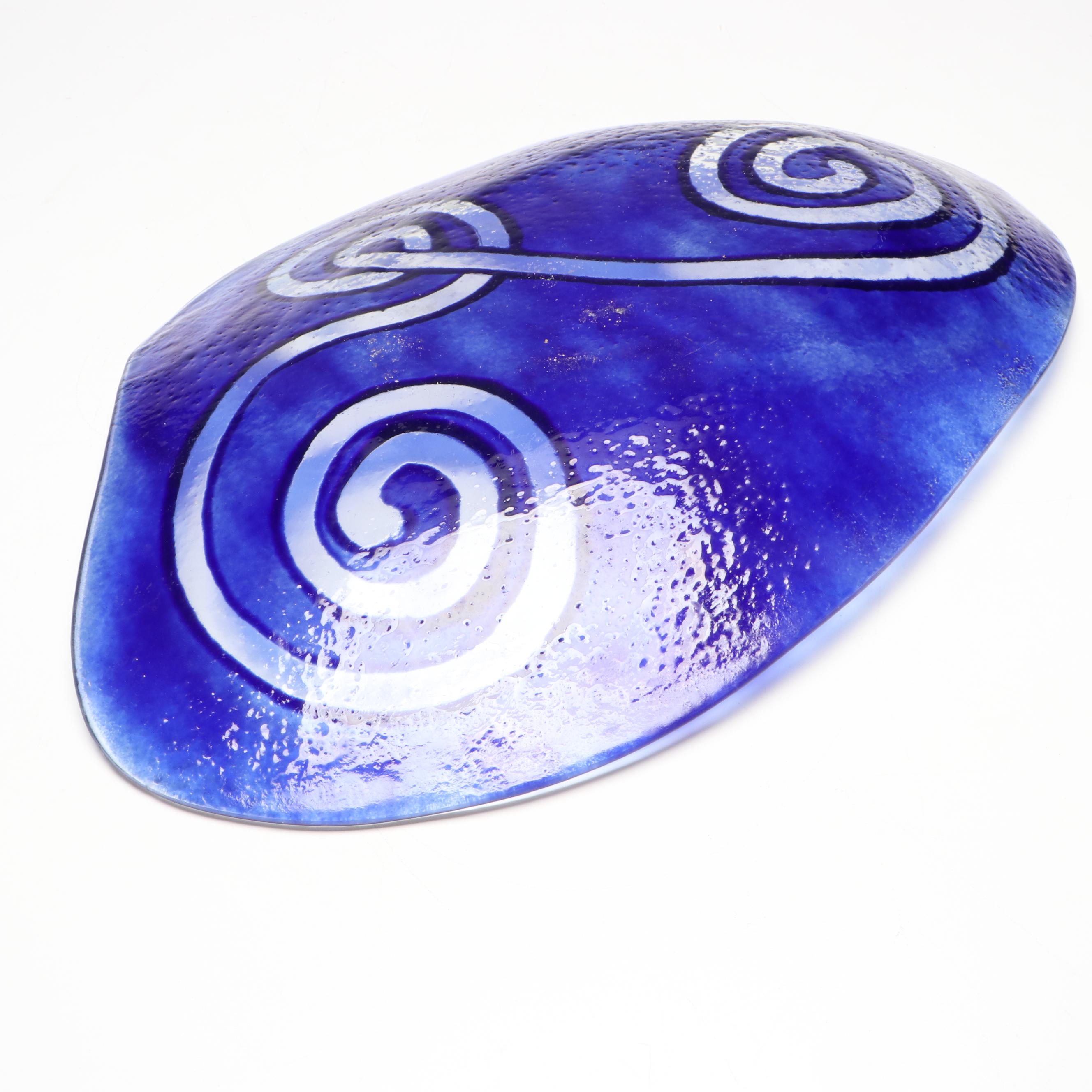 Studio Art Glass Blue Swirl Plate with Vase and Bowl