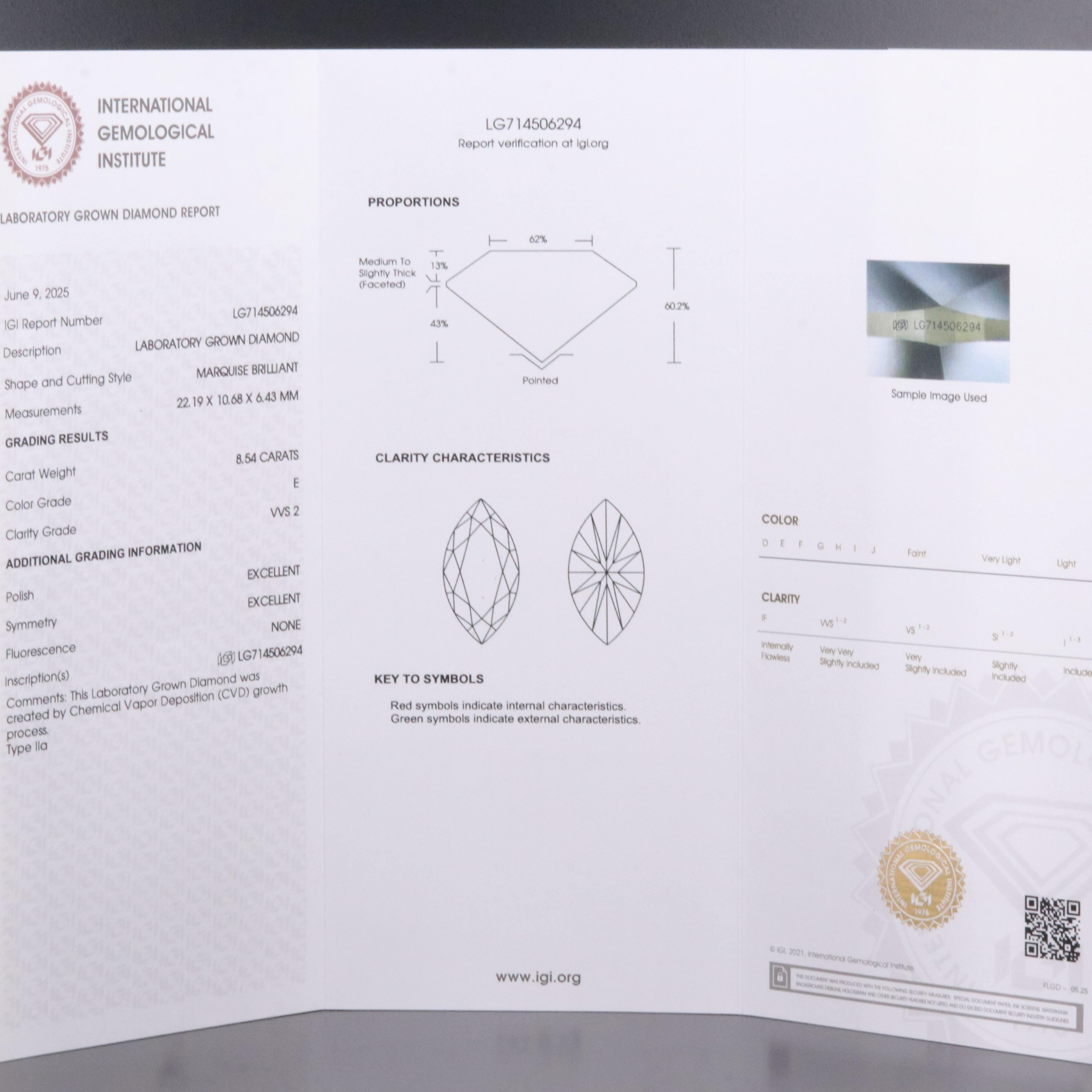 Loose 8.54 CT Lab Grown Diamond with IGI Report