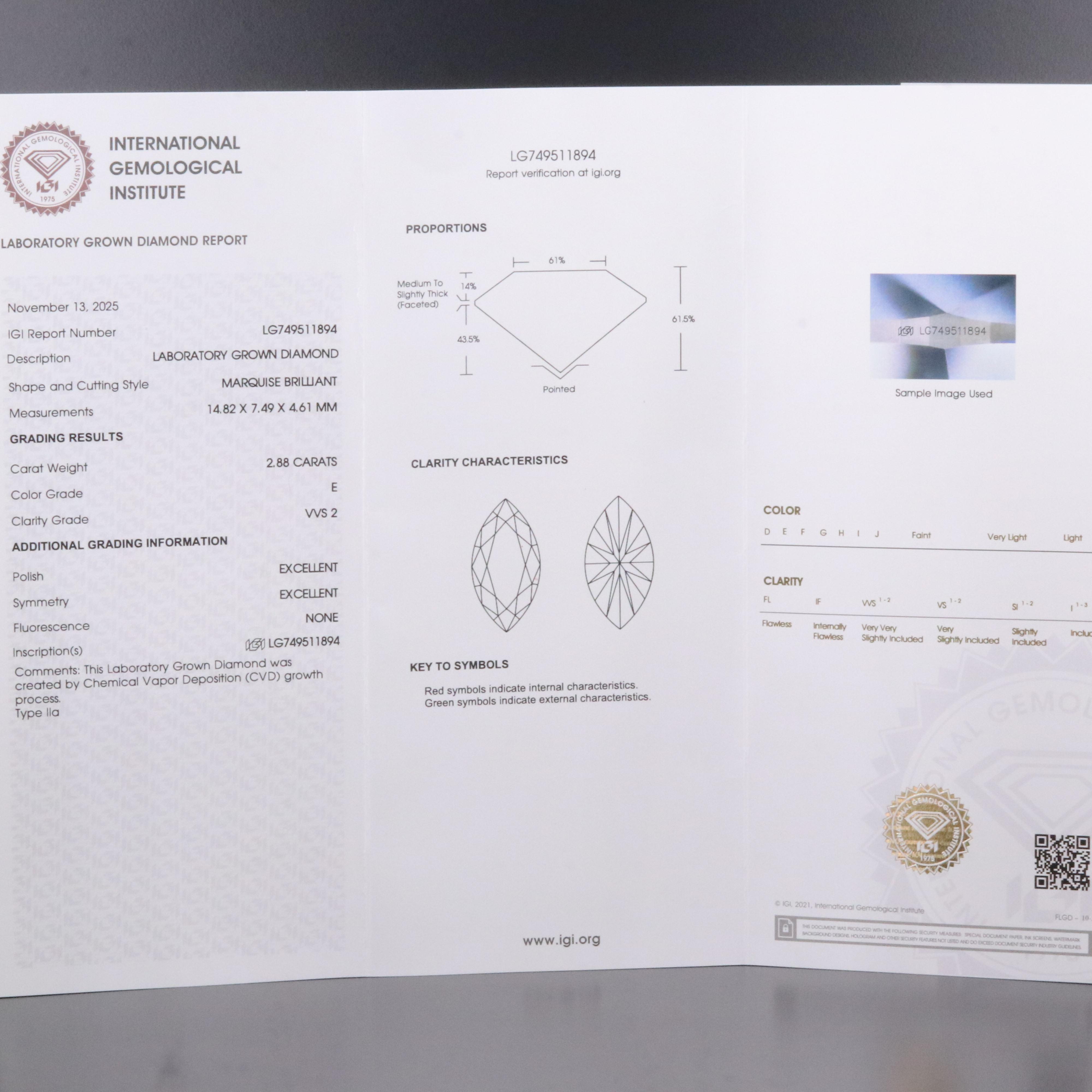 Loose 2.88 CT Lab Grown Diamond with IGI Report