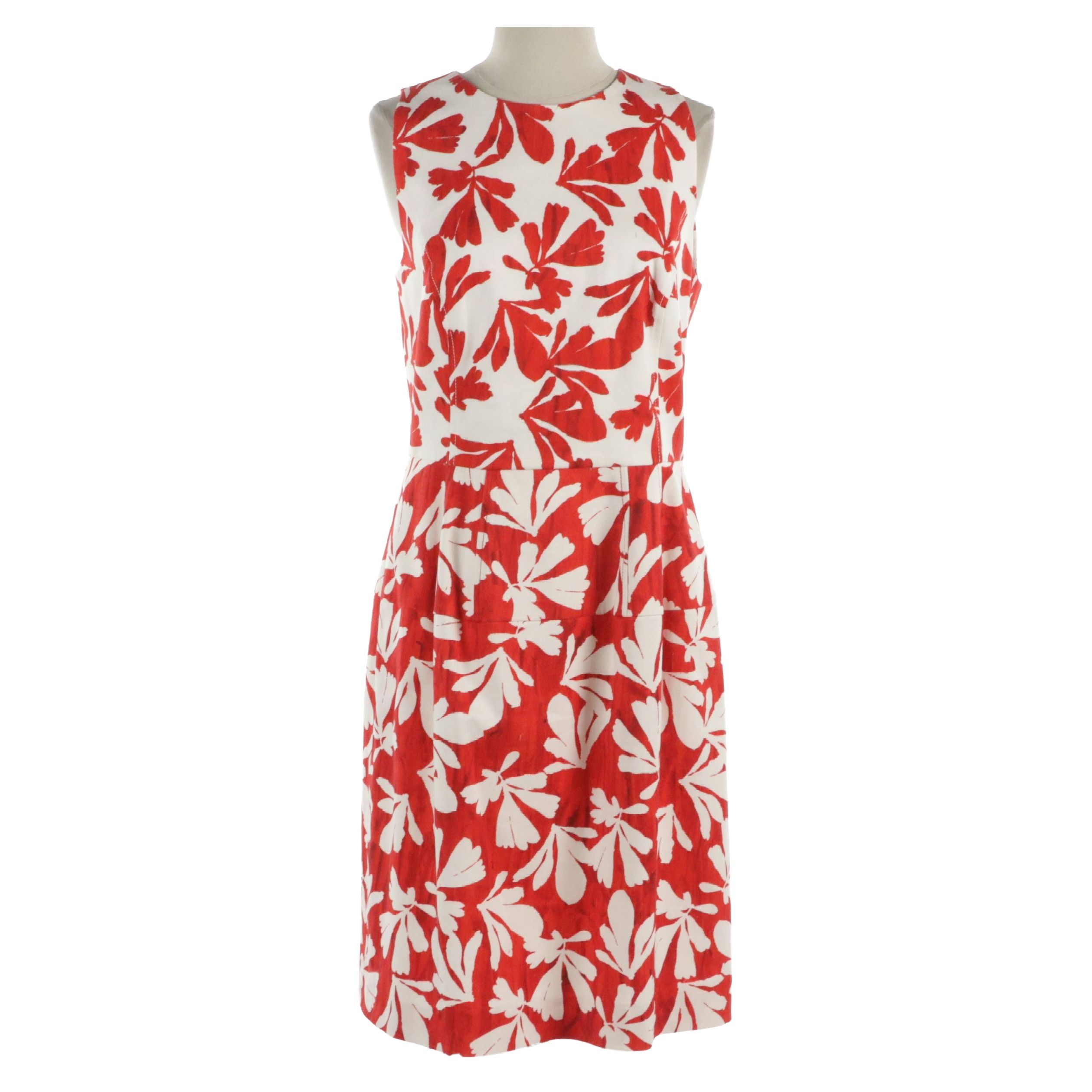 Oscar de la Renta Red and White Printed Paneled Midi Dress