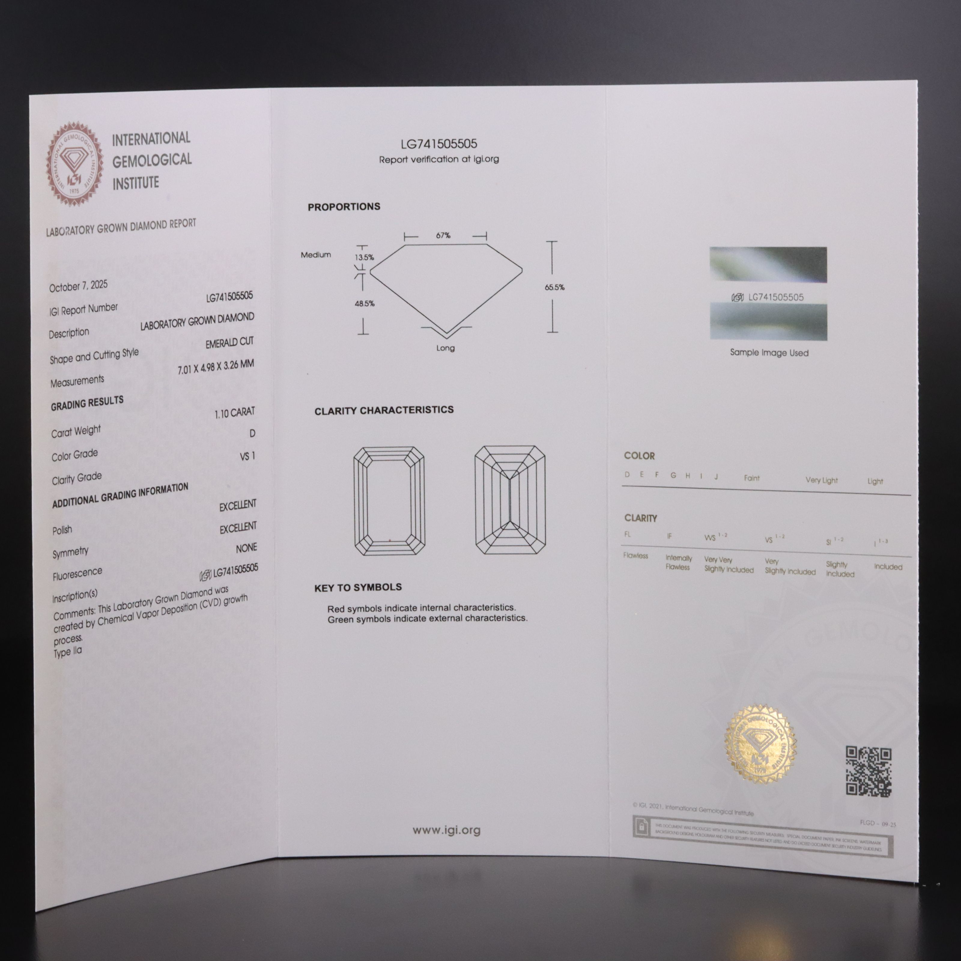 Loose 1.10 CT Lab Grown Diamond with IGI Report