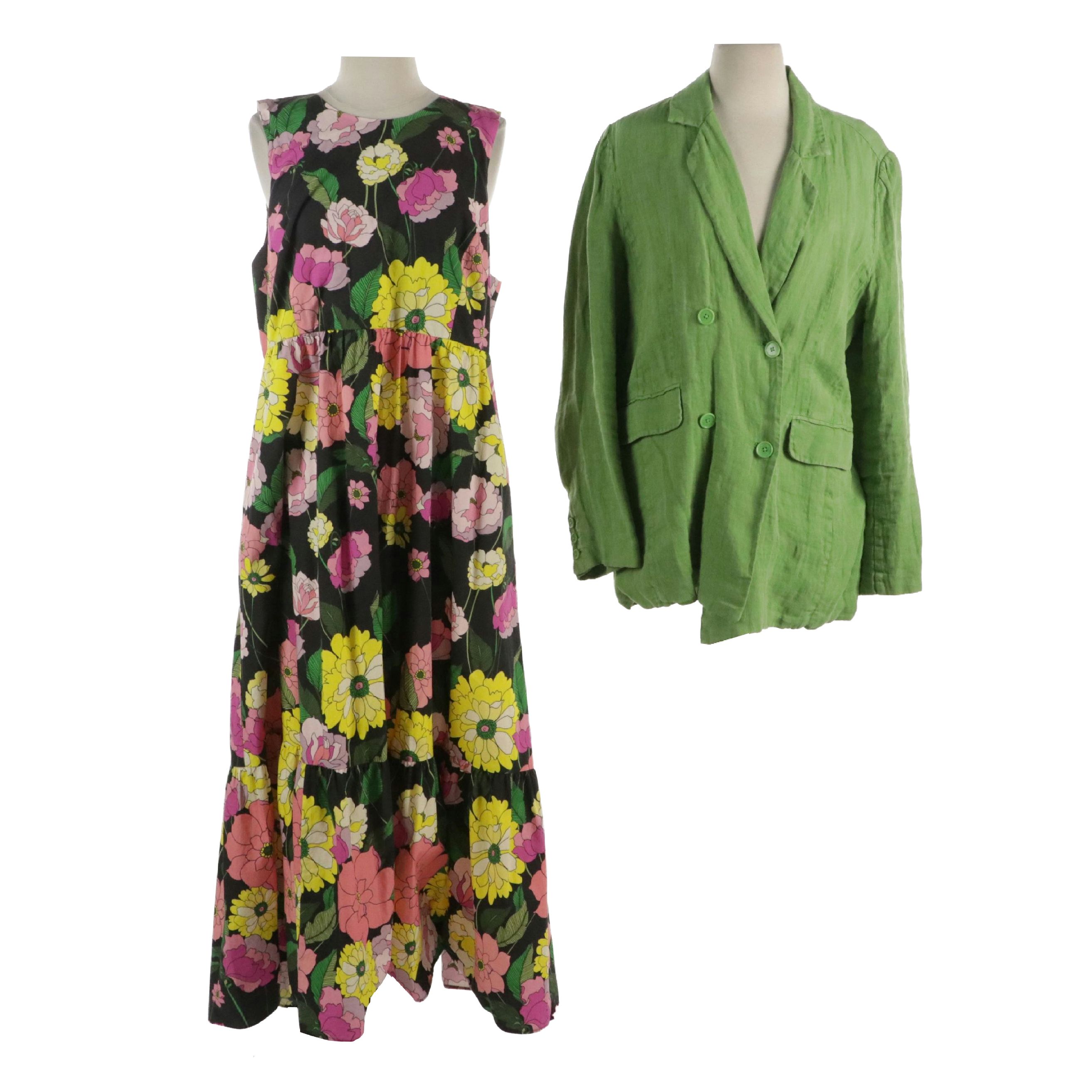 Sundance Green Linen Long Blazer and Johnny Was Floral Printed Maxi Dress
