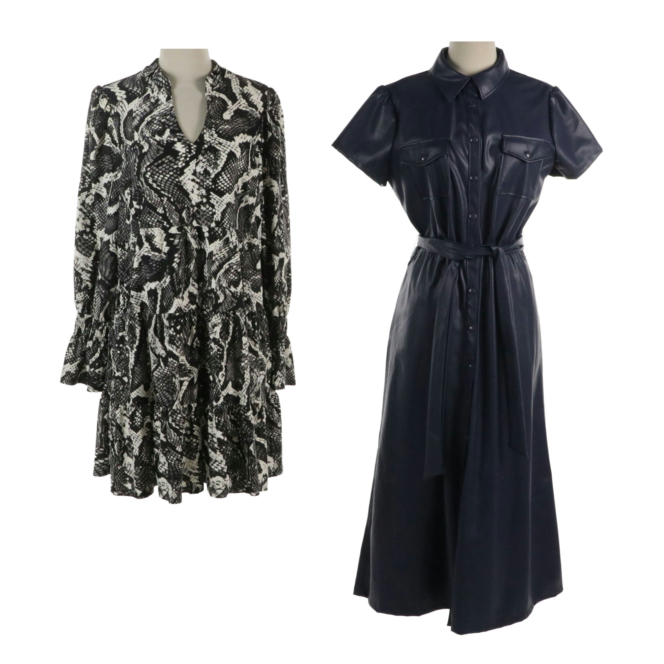 Jude Connally "Cecilia" Faux Leather Midi Dress and "Tammi" Python Print Dress