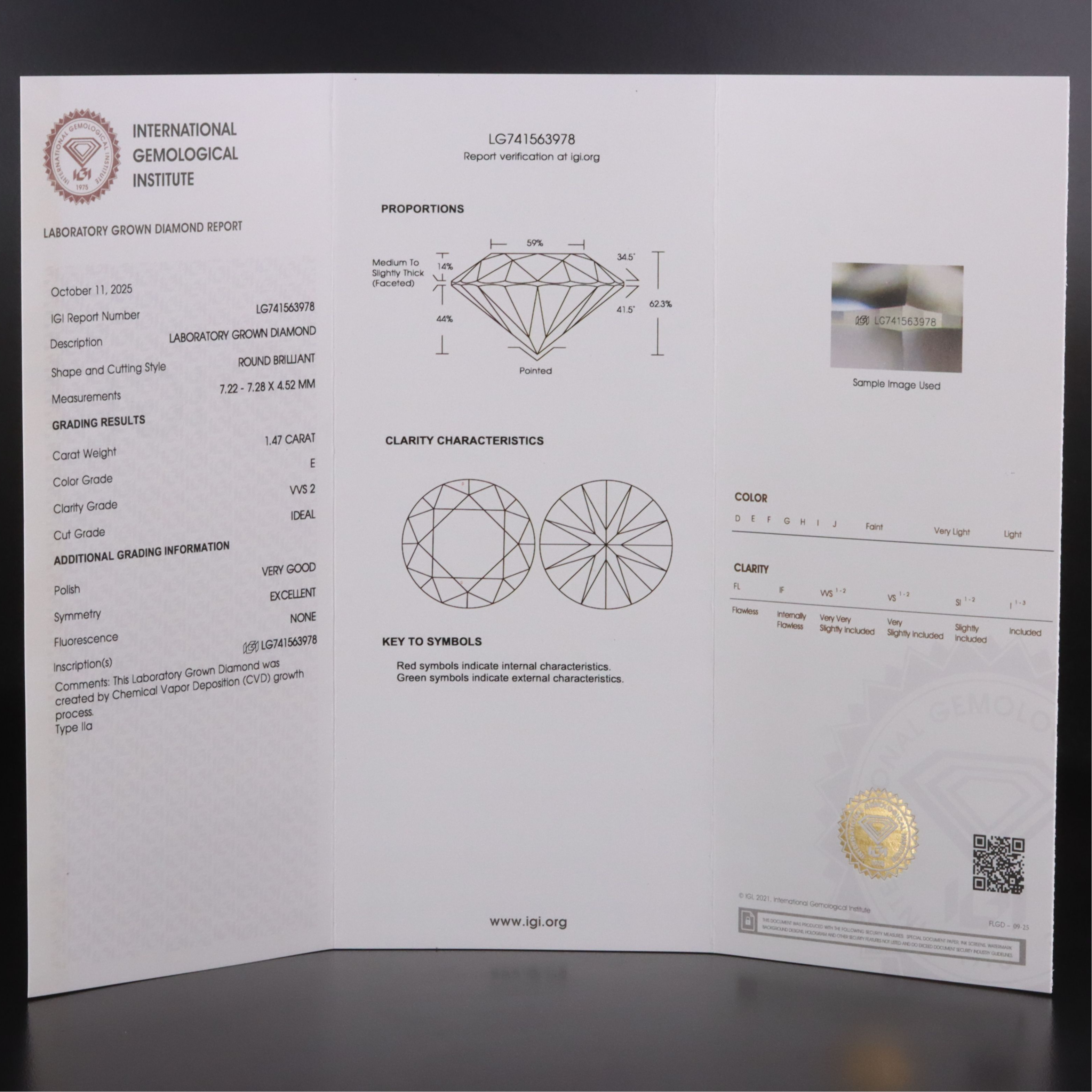 Loose 1.47 CT Lab Grown Diamond with IGI Report