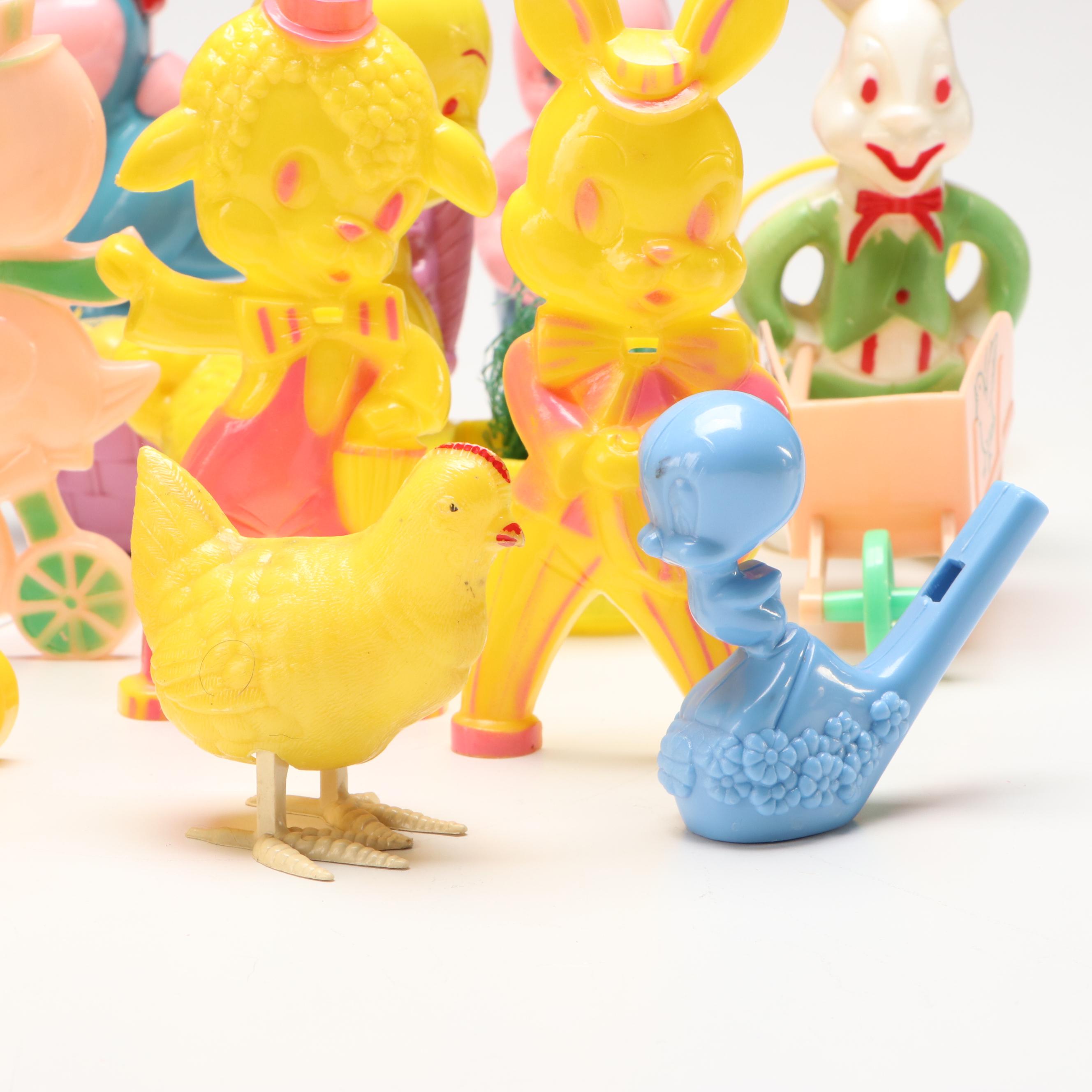 Plastic Easter Bunny Carts, Figurines and Toys, Mid to Late 20th Century