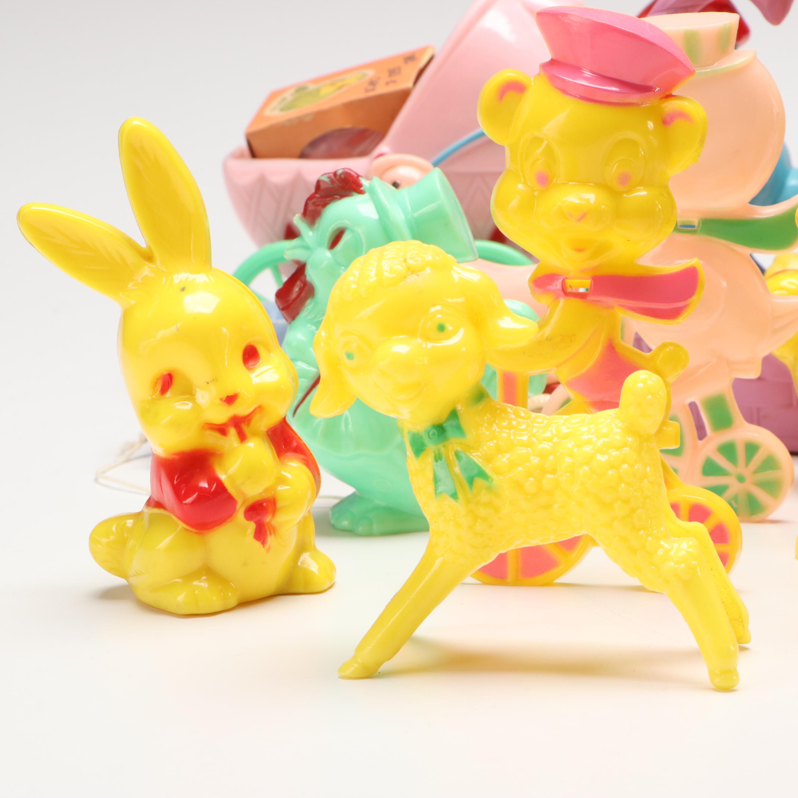 Plastic Easter Bunny Carts, Figurines and Toys, Mid to Late 20th Century