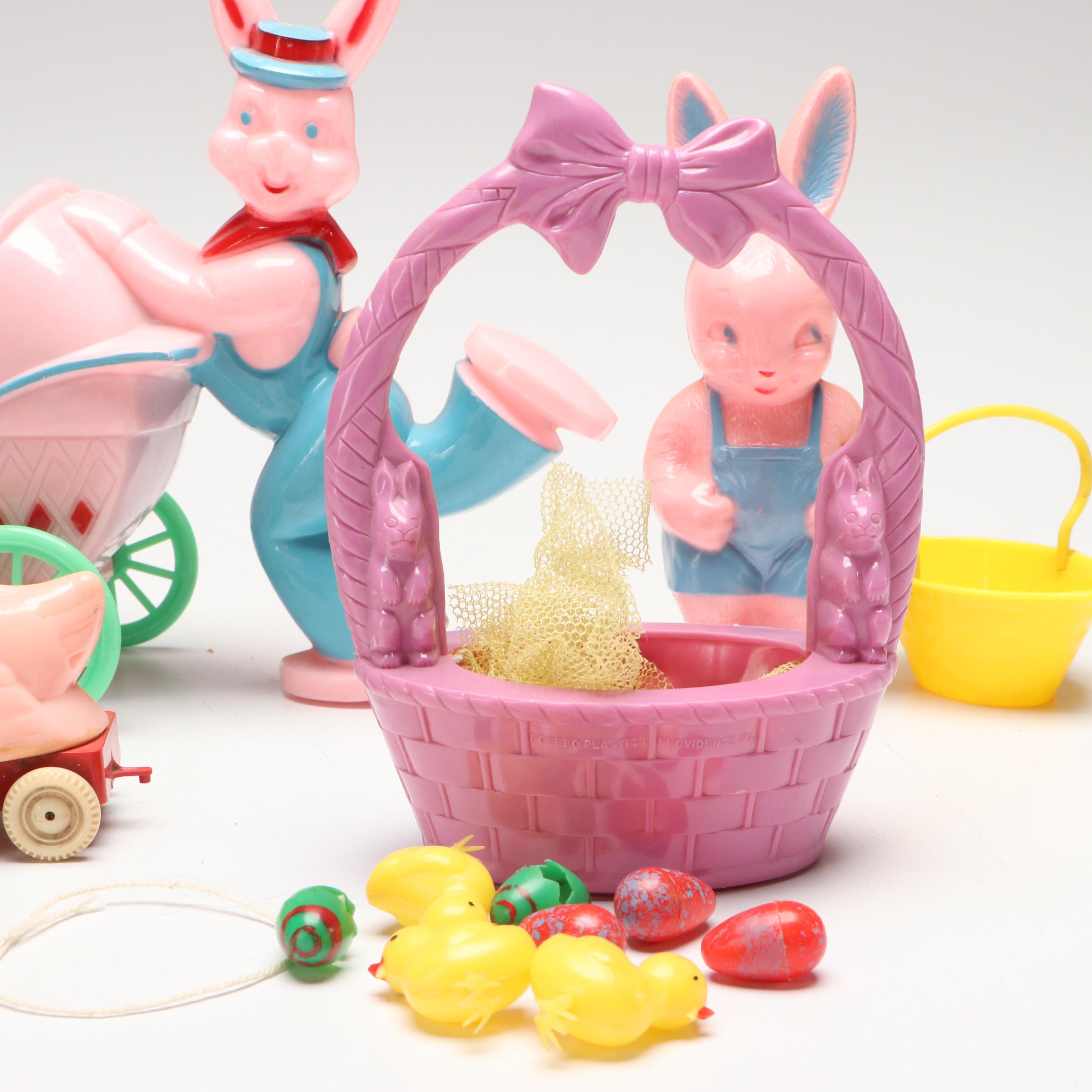 Plastic Easter Bunny Carts, Figurines and Toys, Mid to Late 20th Century