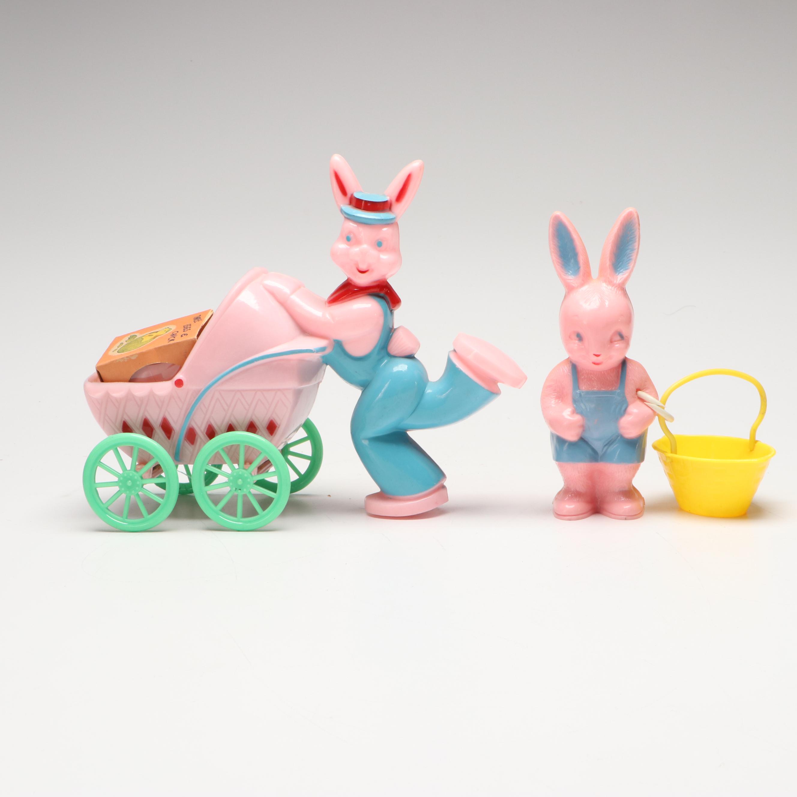 Plastic Easter Bunny Carts, Figurines and Toys, Mid to Late 20th Century
