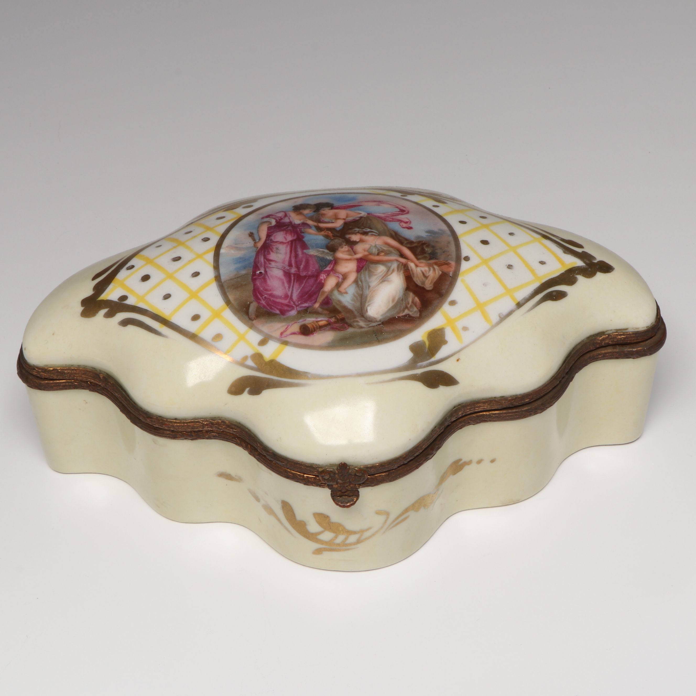 Royal Vienna Style Porcelain Box with Fruit Knives and Other Utensils