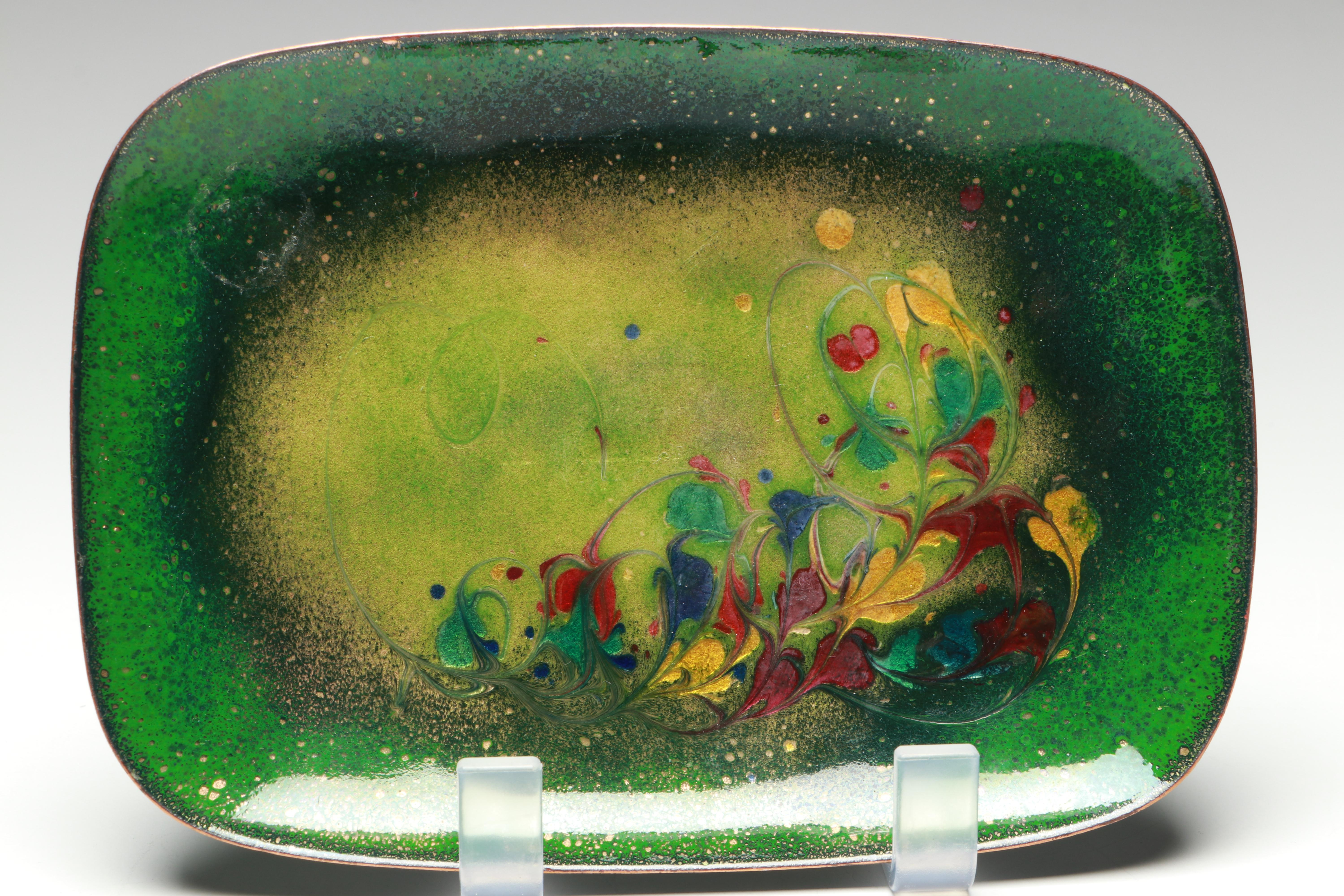 Artist Signed Enamel on Copper Plates with Other Enamel on Metal Bowl