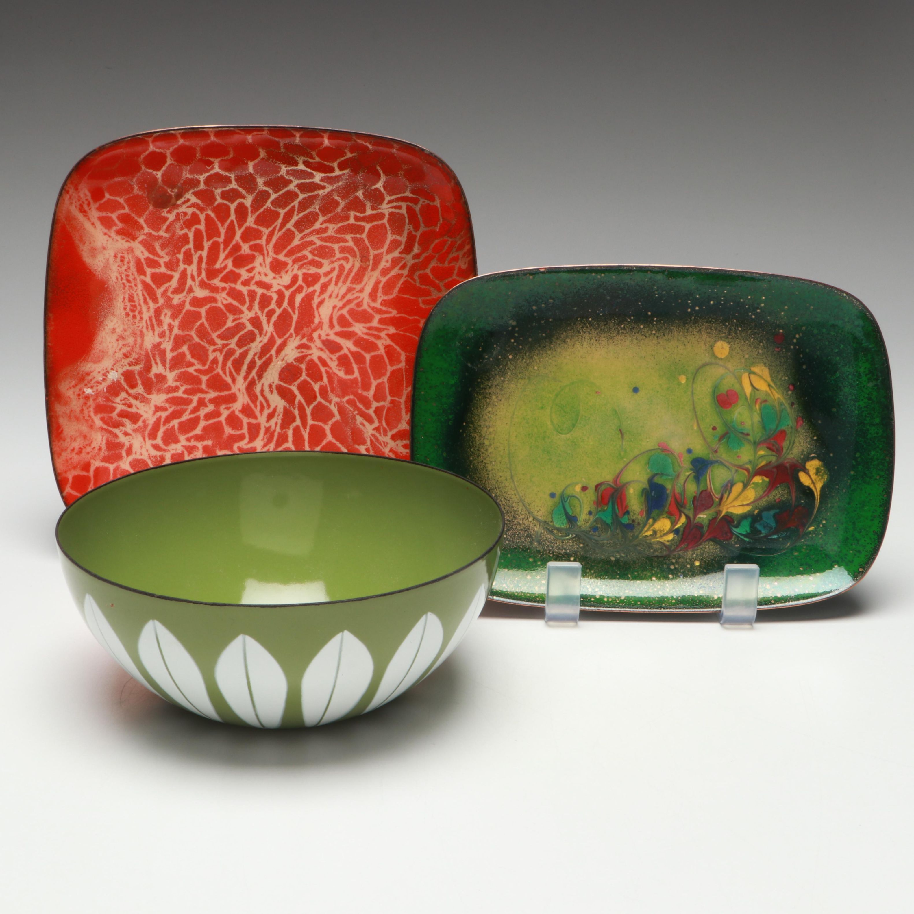 Artist Signed Enamel on Copper Plates with Other Enamel on Metal Bowl