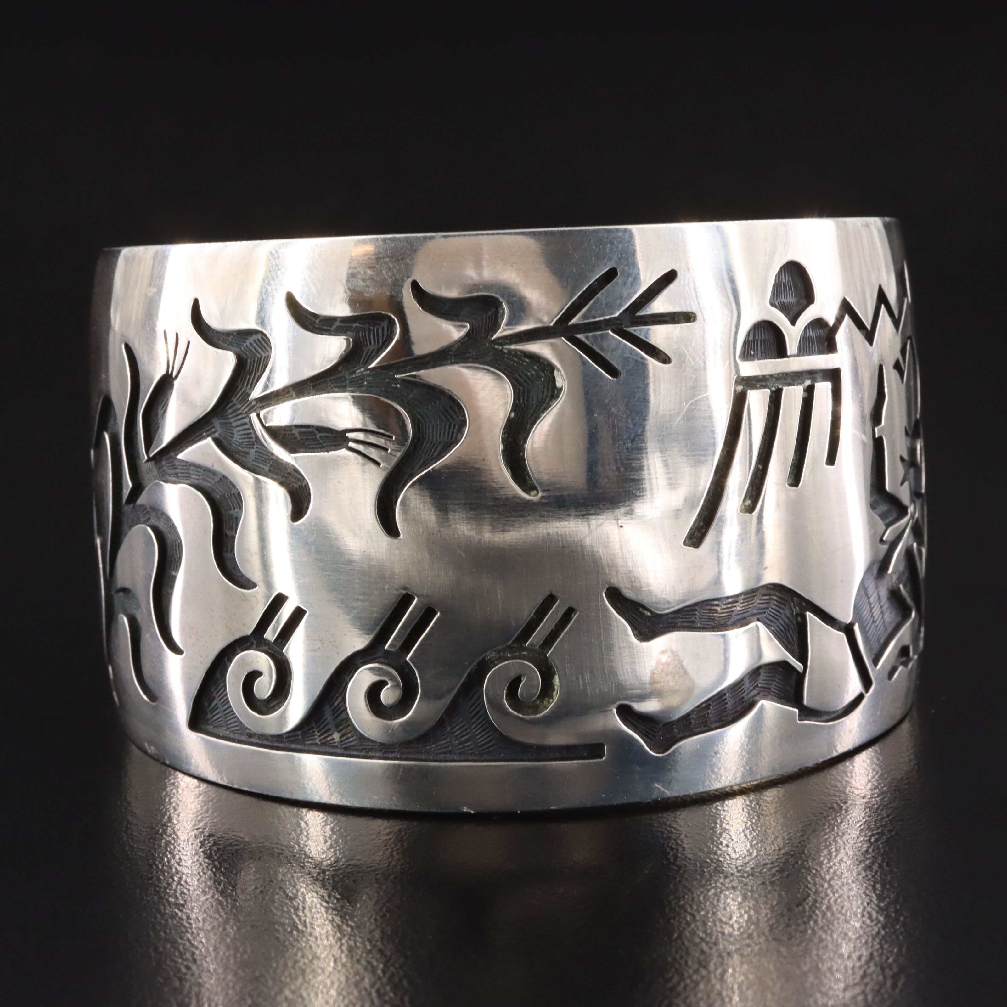 Lawrence Saufkie Hopi Sterling Storyteller Overlay Cuff Bracelet
