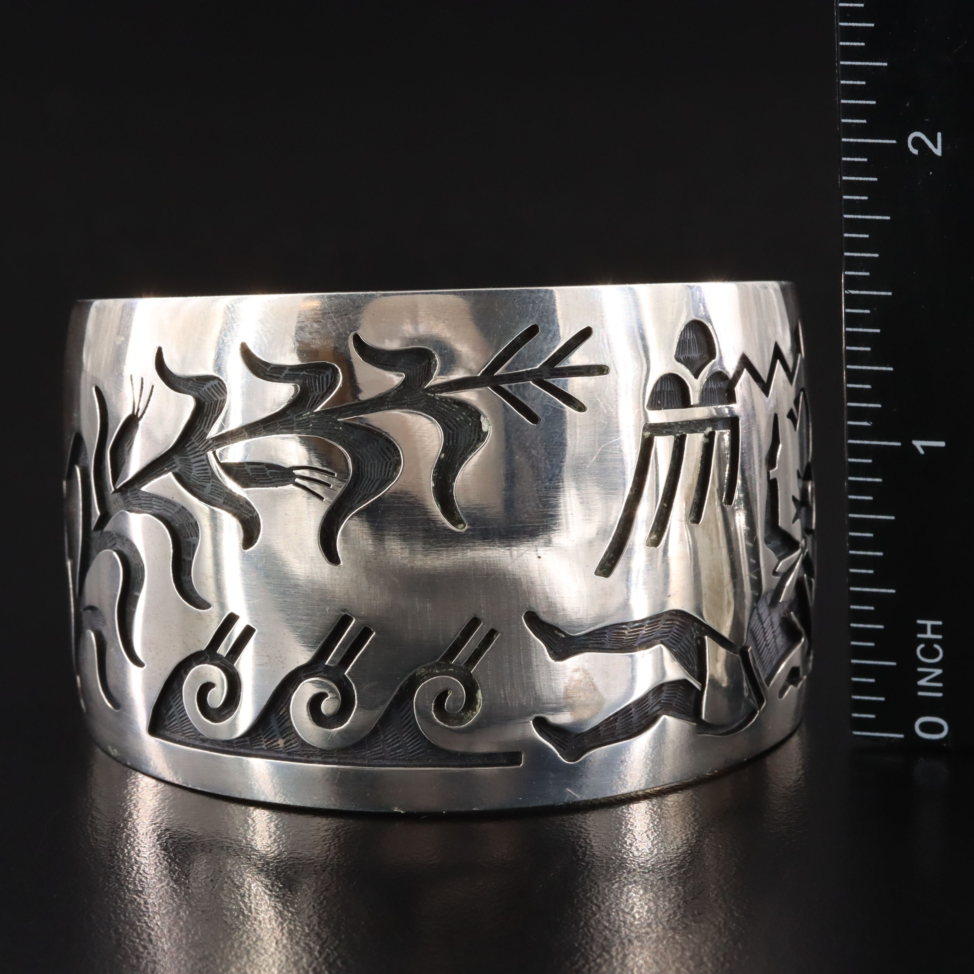 Lawrence Saufkie Hopi Sterling Storyteller Overlay Cuff Bracelet