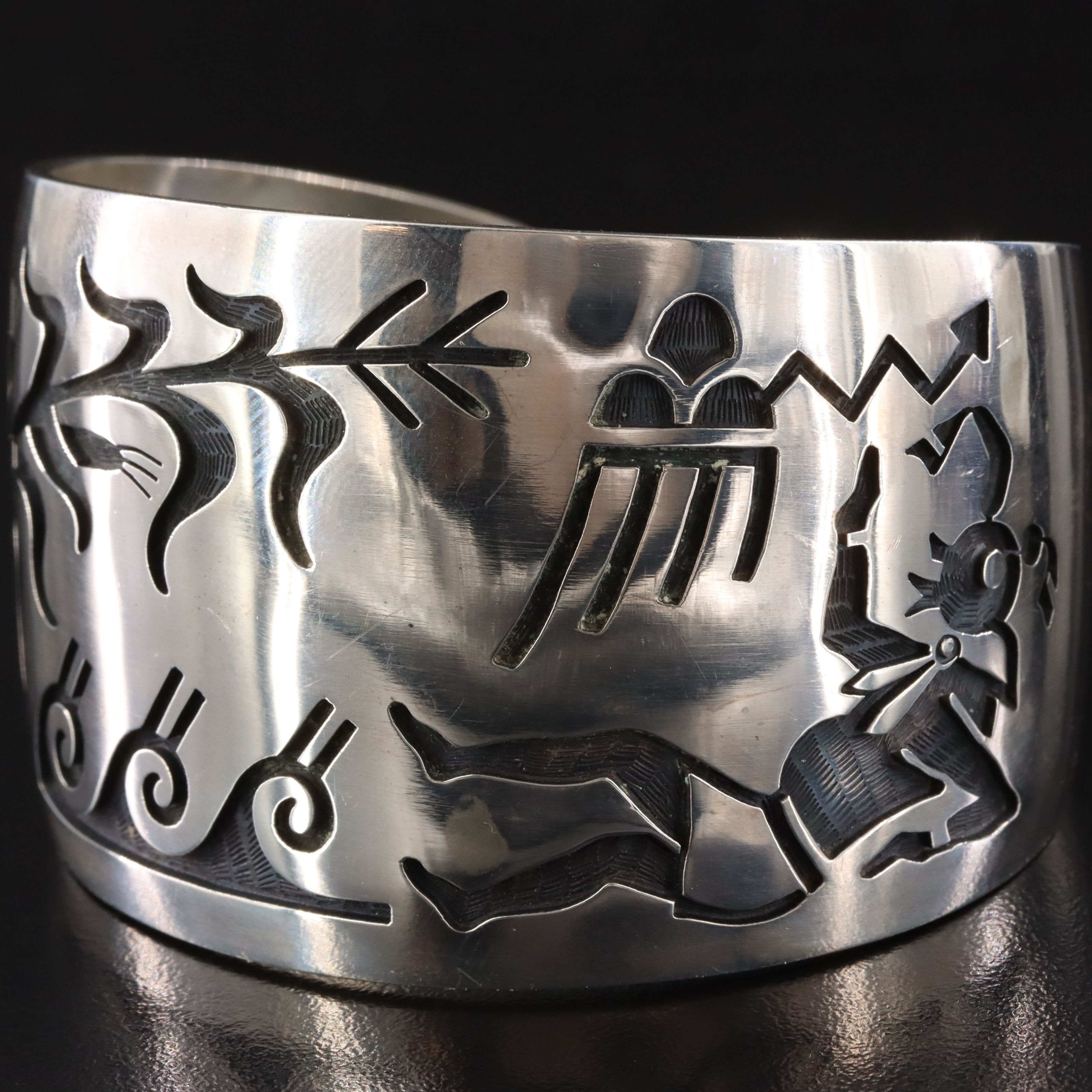 Lawrence Saufkie Hopi Sterling Storyteller Overlay Cuff Bracelet