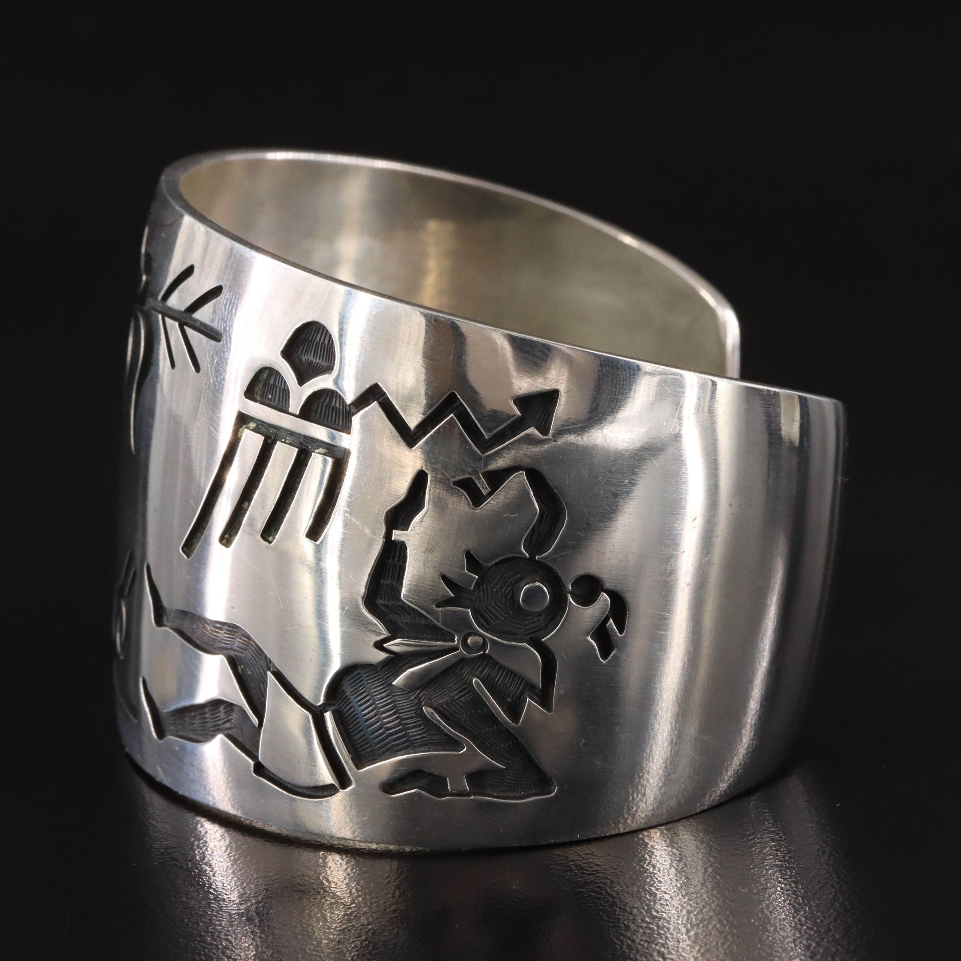 Lawrence Saufkie Hopi Sterling Storyteller Overlay Cuff Bracelet