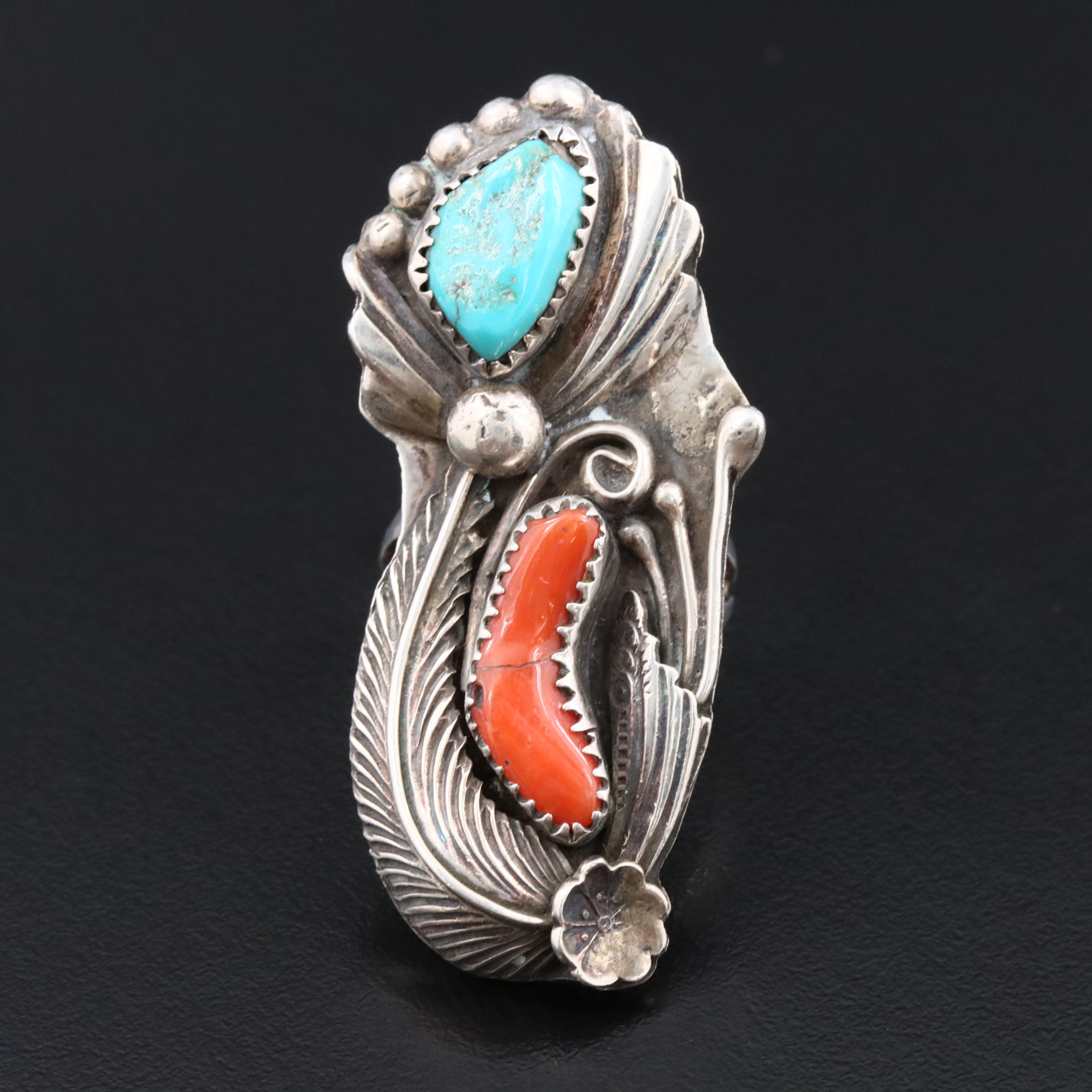 David K. Lister Navajo Diné Sterling Appliqué Coral and Turquoise Pointer Ring