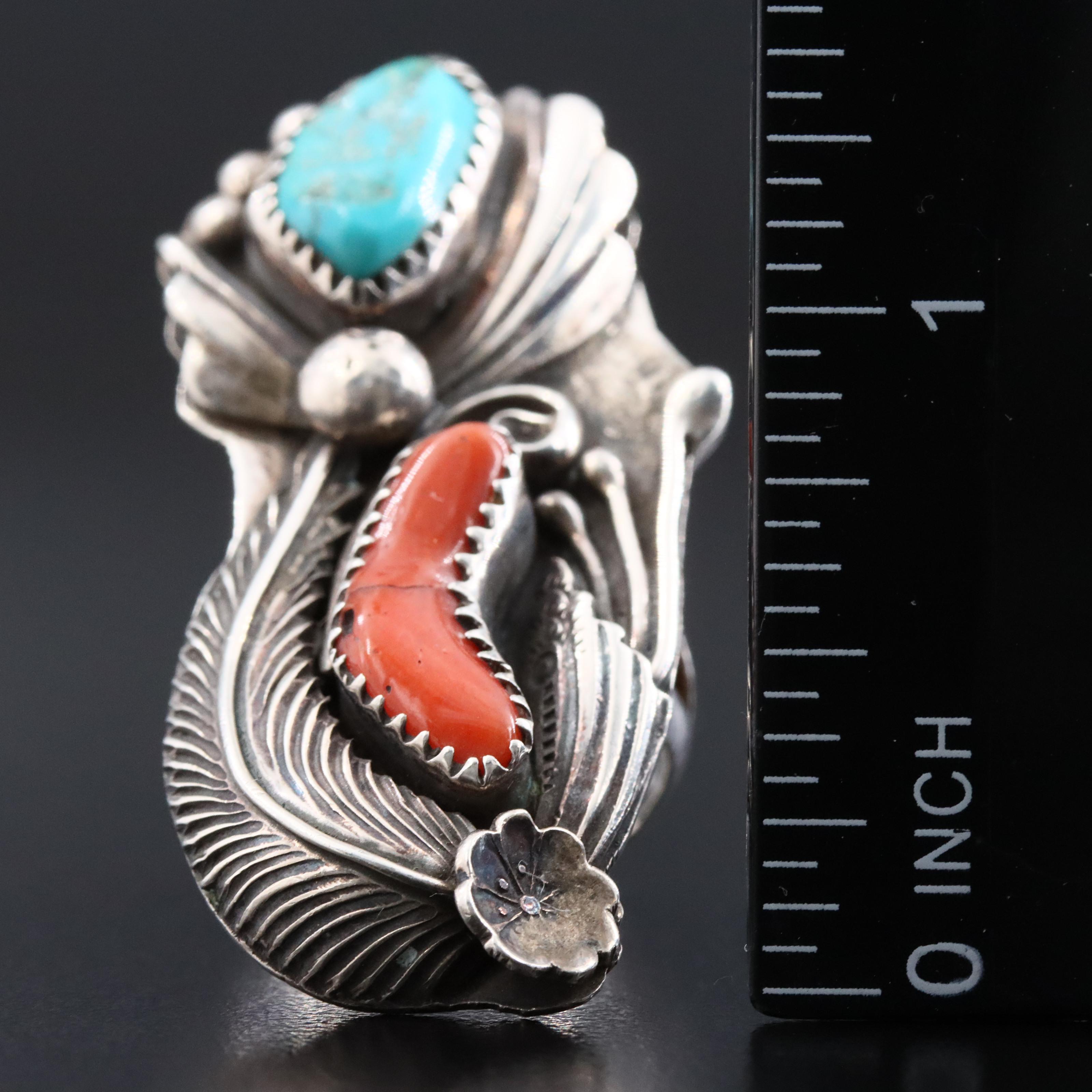 David K. Lister Navajo Diné Sterling Appliqué Coral and Turquoise Pointer Ring