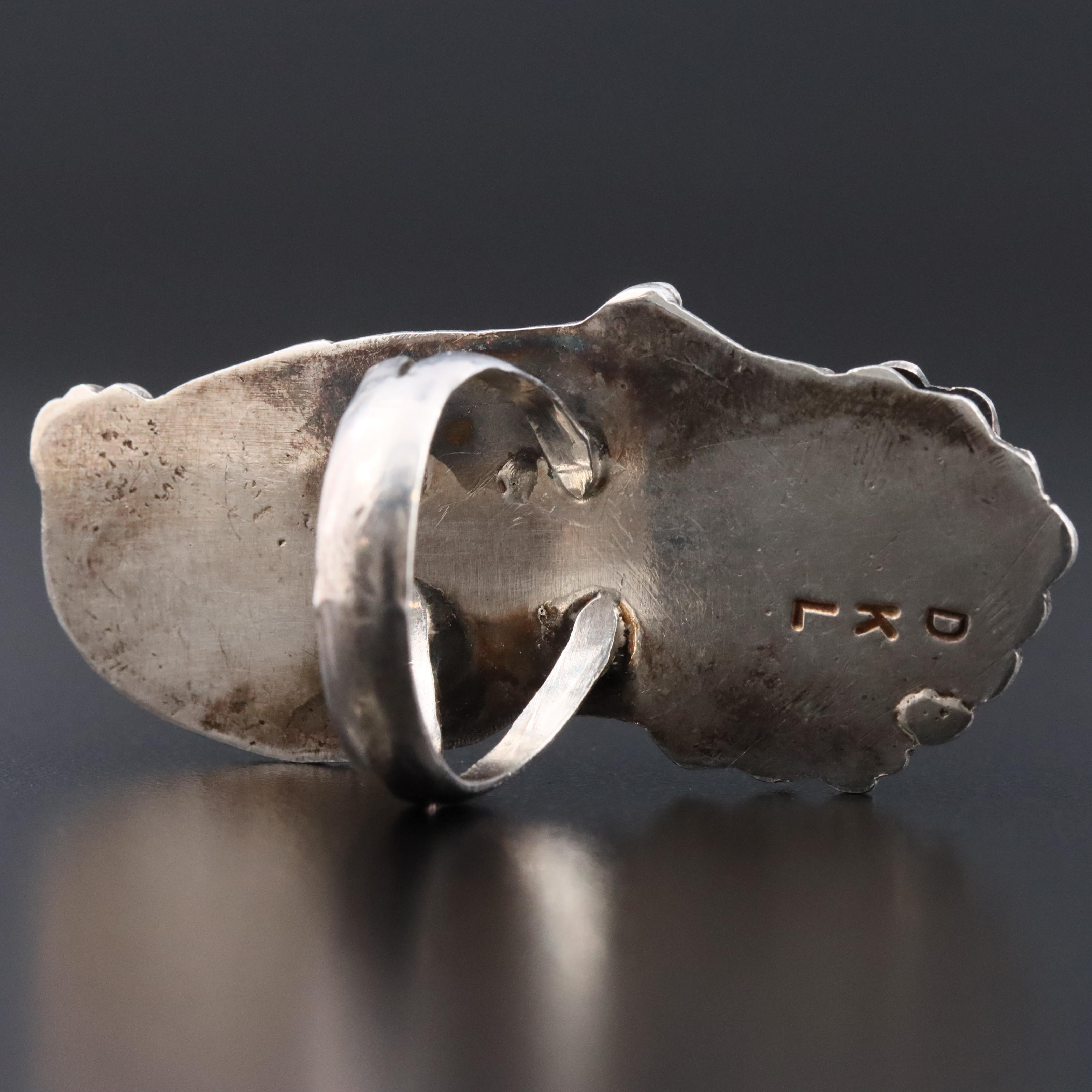 David K. Lister Navajo Diné Sterling Appliqué Coral and Turquoise Pointer Ring