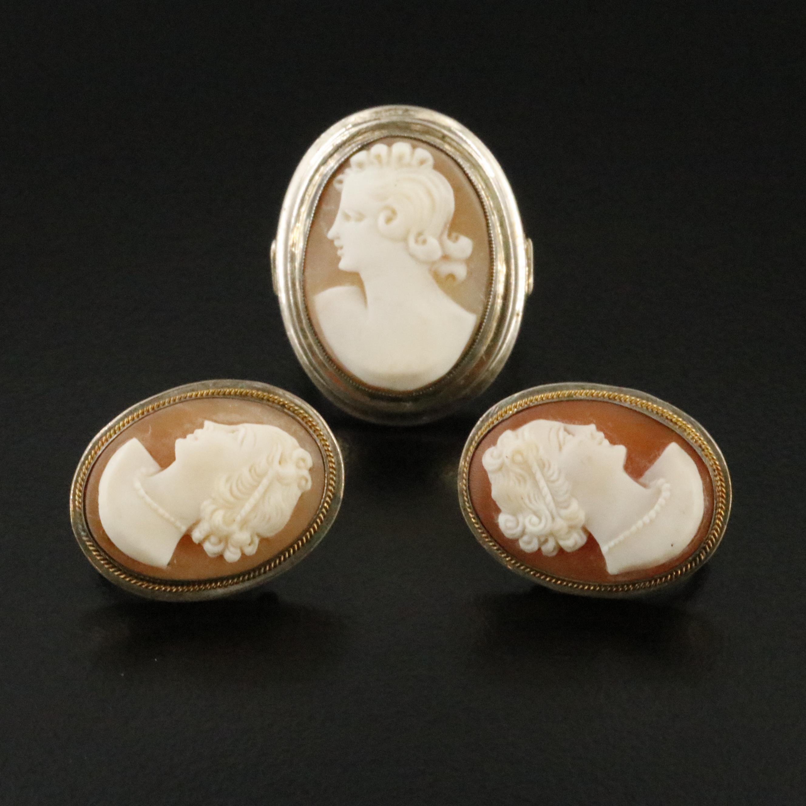 800 Silver Shell Cameo Ring and Earrings