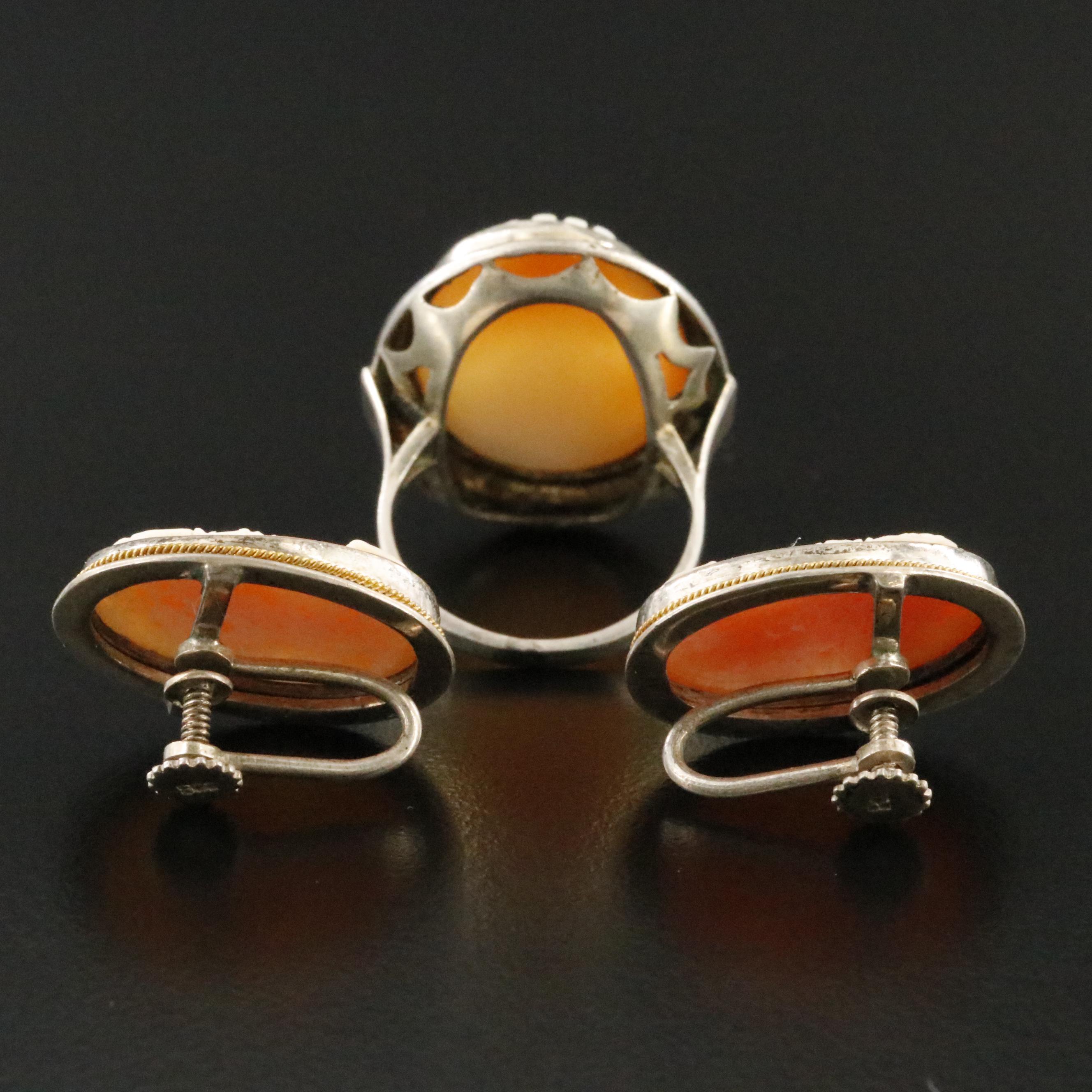 800 Silver Shell Cameo Ring and Earrings