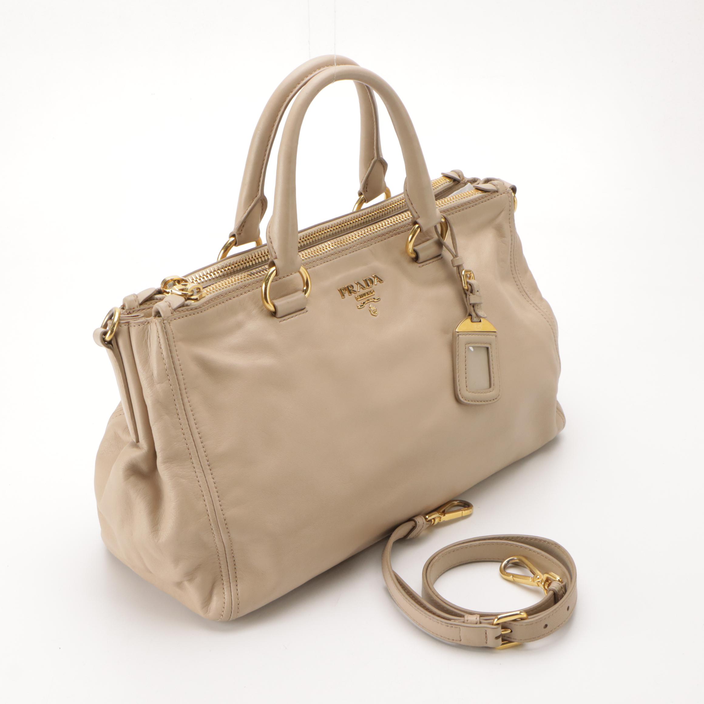 Prada Large Double Zip Galleria Two-Way Tote in Beige Calfskin Leather