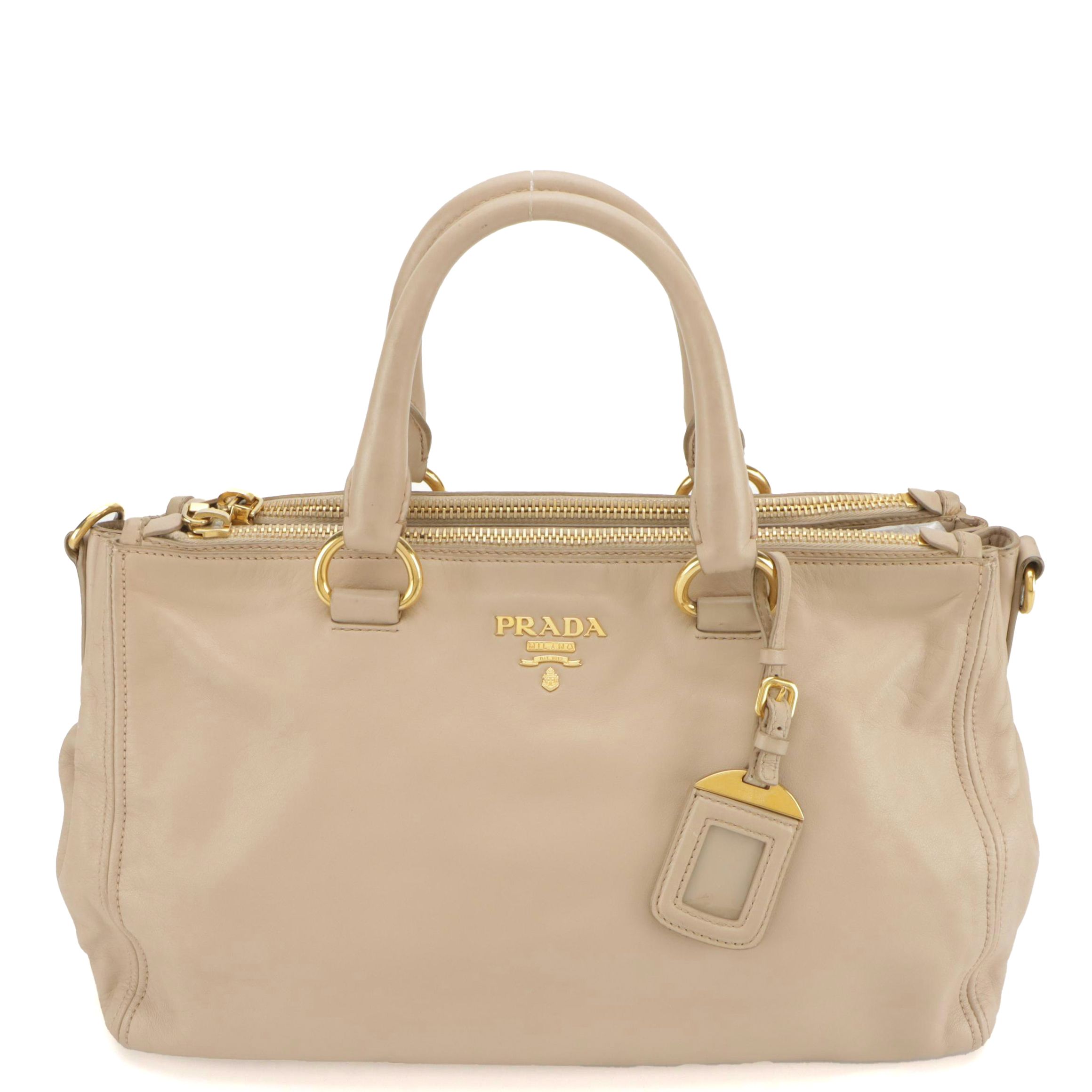 Prada Large Double Zip Galleria Two-Way Tote in Beige Calfskin Leather