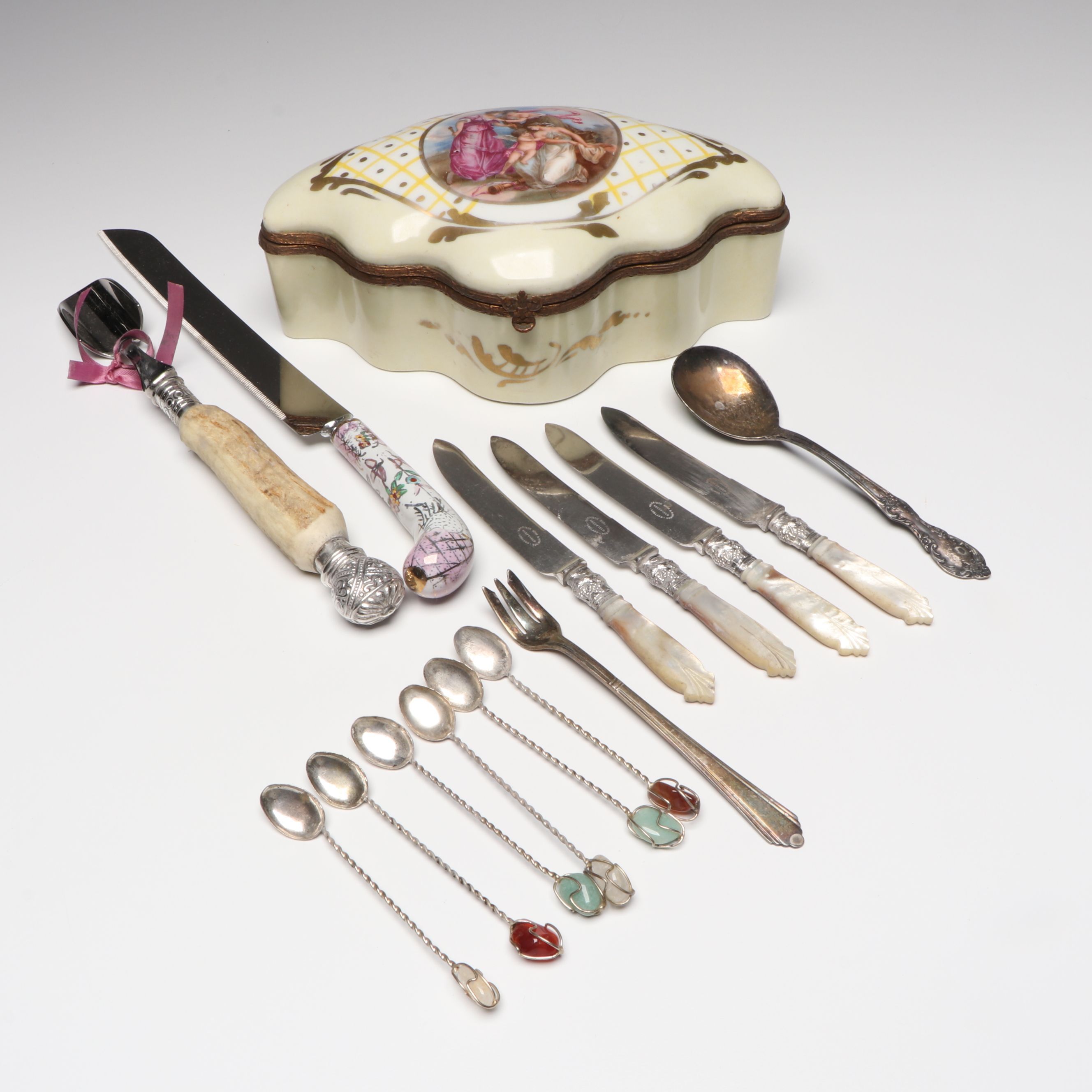 Royal Vienna Style Porcelain Box with Fruit Knives and Other Utensils
