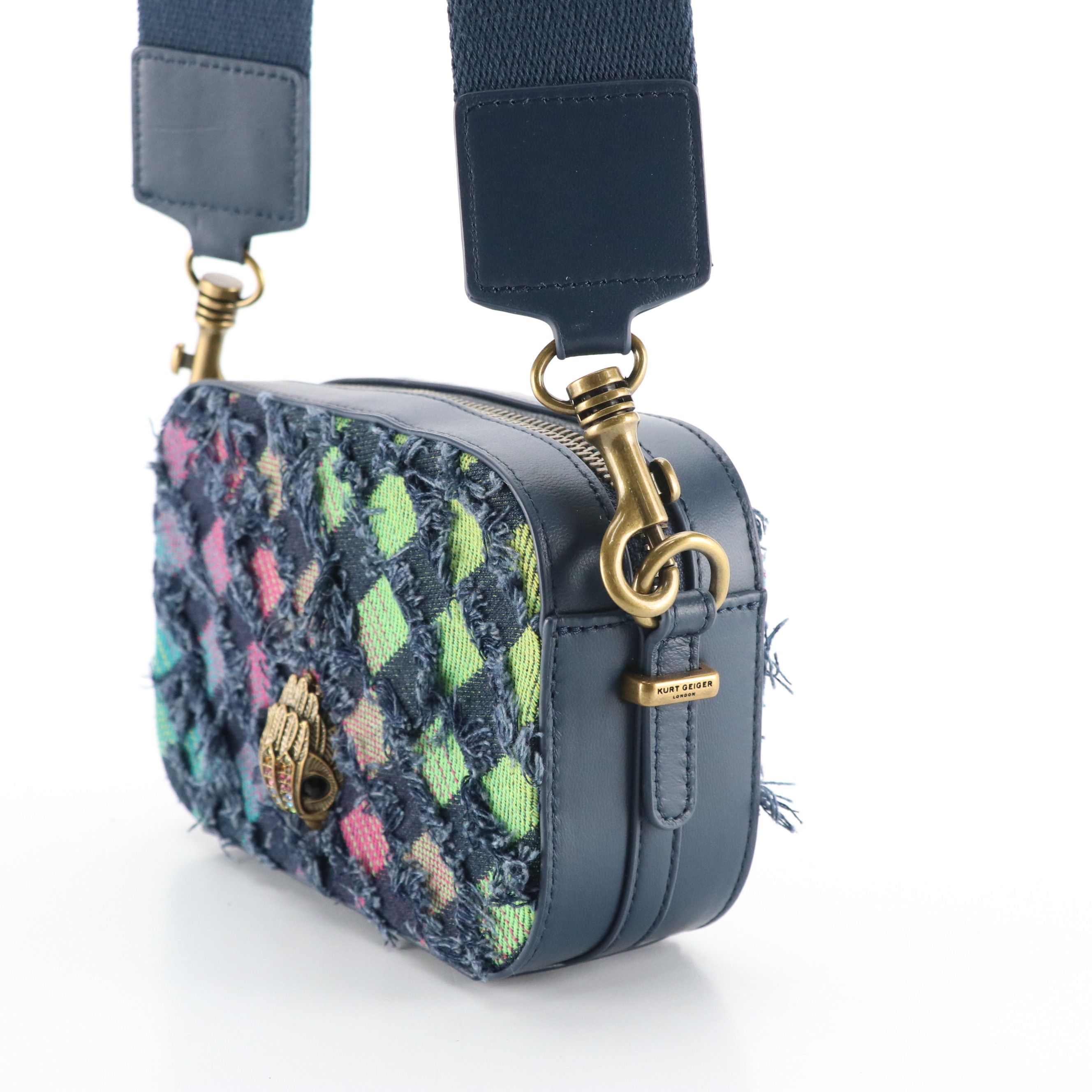 Kurt Geiger Small Kensington Camera Bag in Frayed Denim with Leather Card Holder