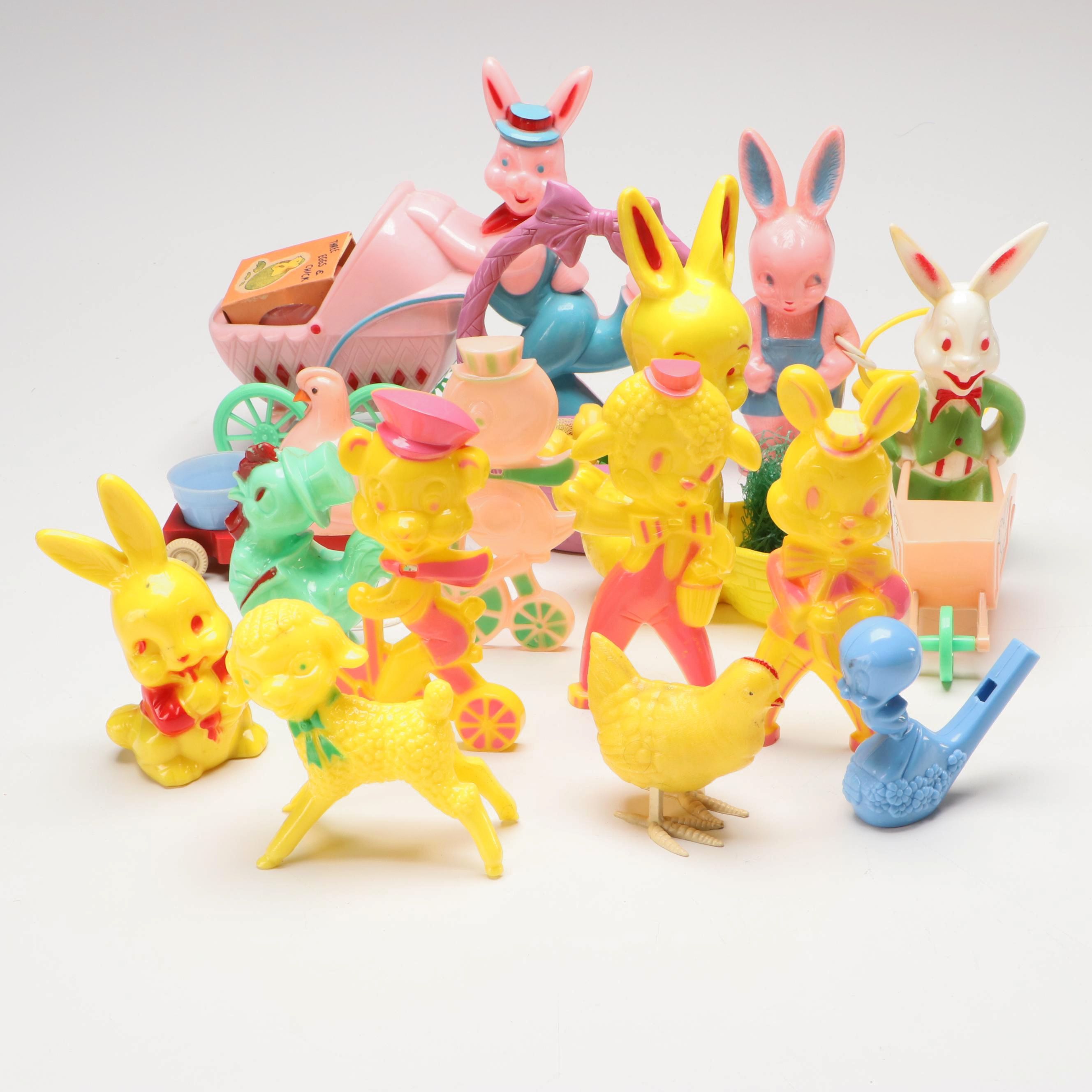 Plastic Easter Bunny Carts, Figurines and Toys, Mid to Late 20th Century