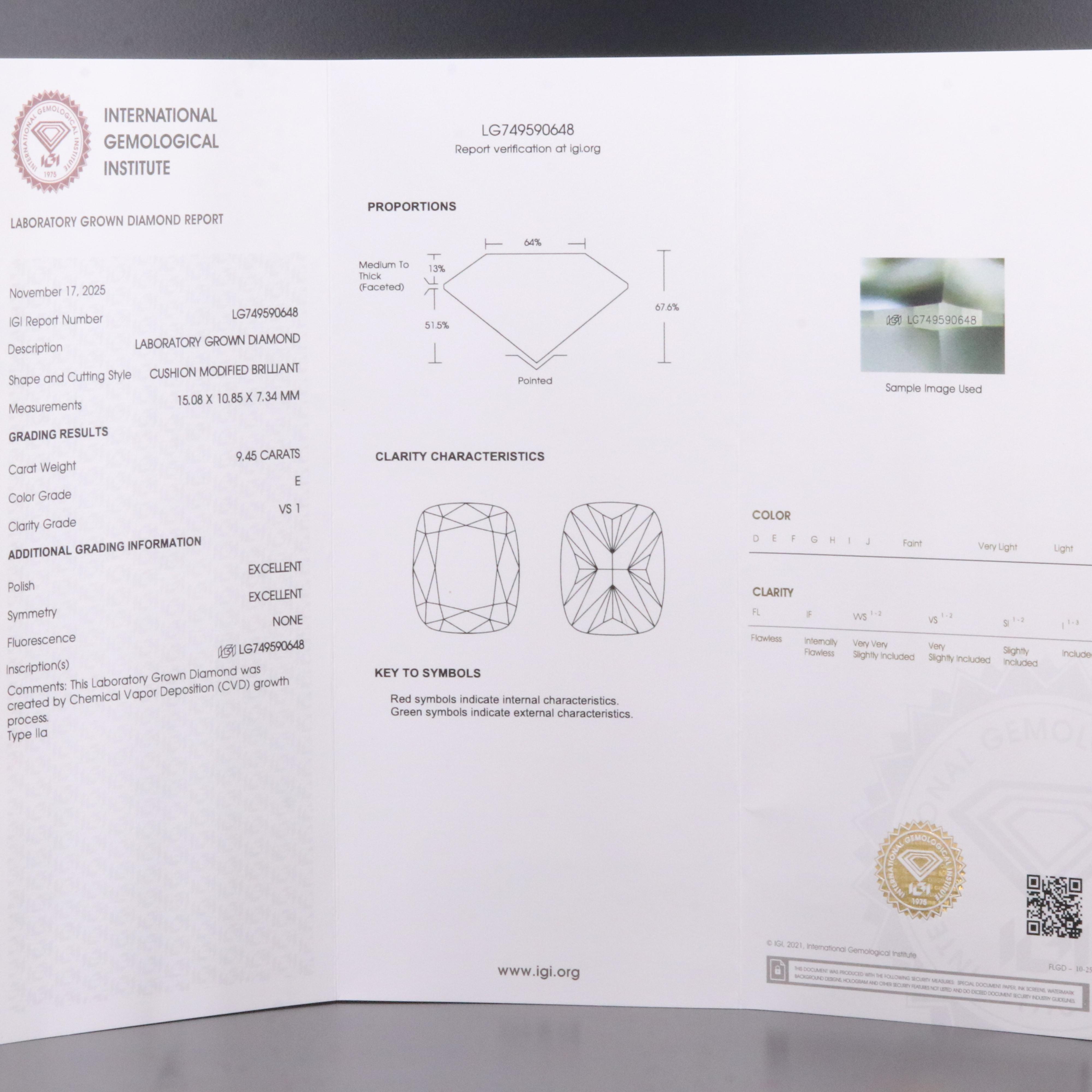 Loose 9.45 CT Lab Grown Diamond with IGI Report