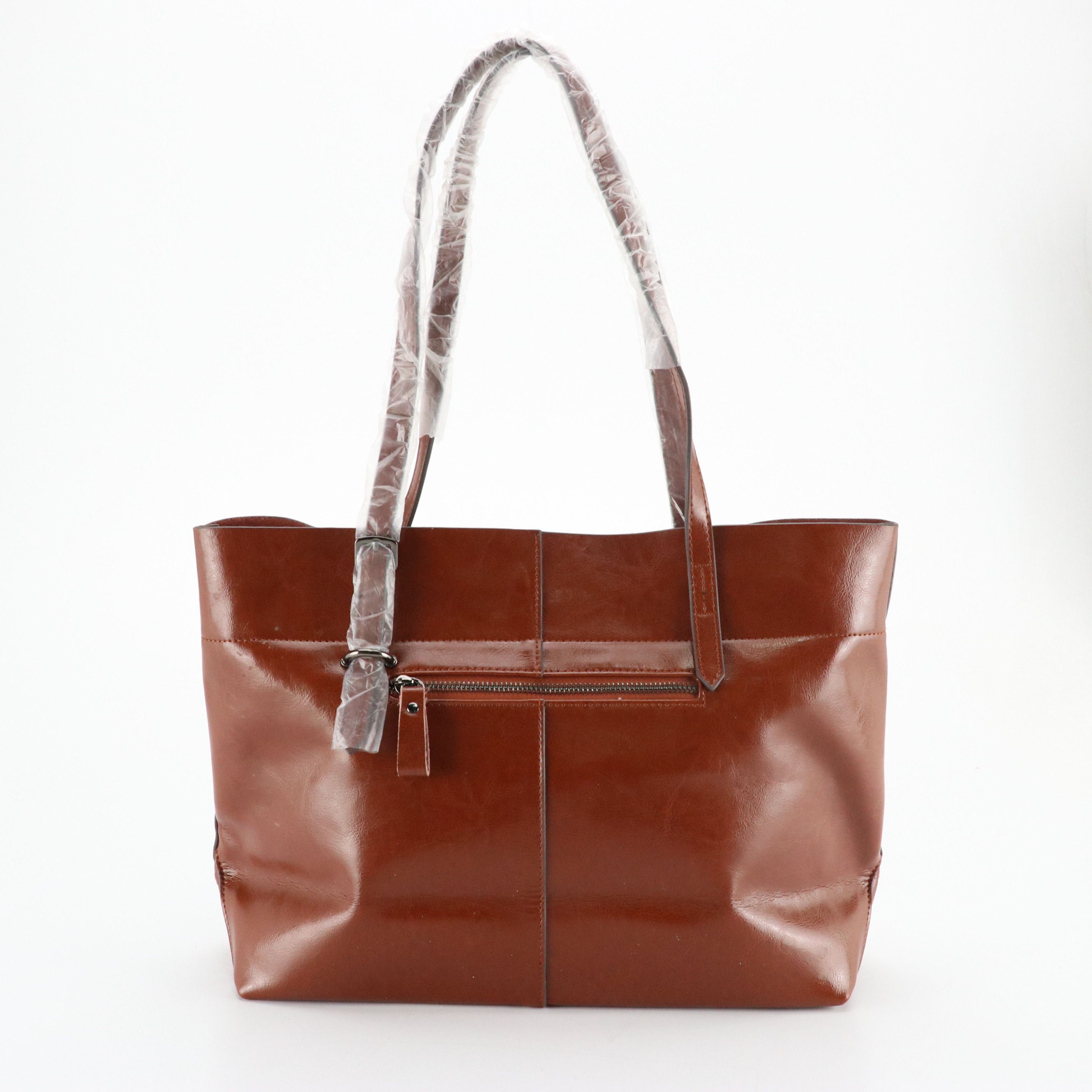 Kattee Shiny Brown Leather Shoulder Tote