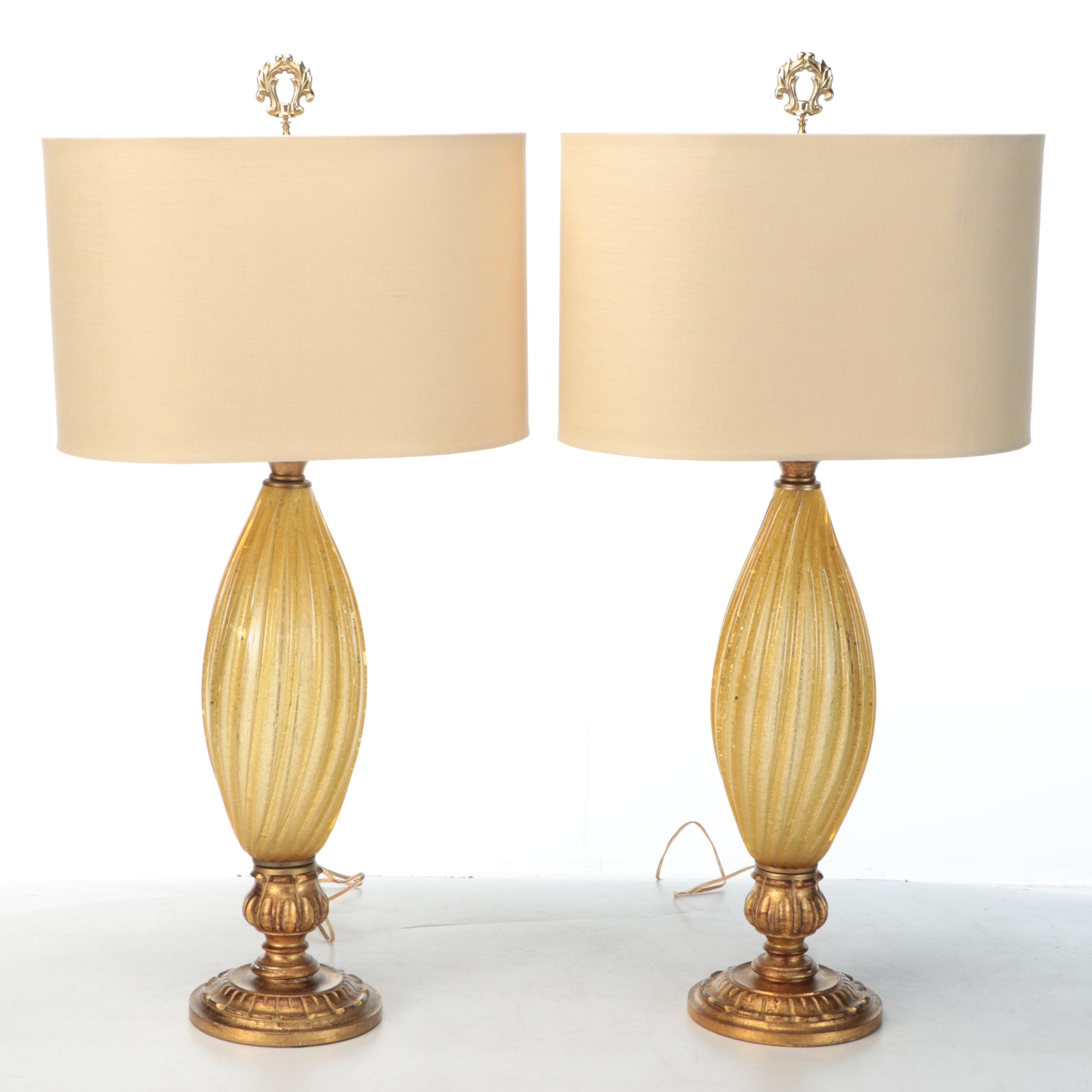Murano Style Gold Flake Amber Glass and Giltwood Table Lamps, & Oval Drum Shades