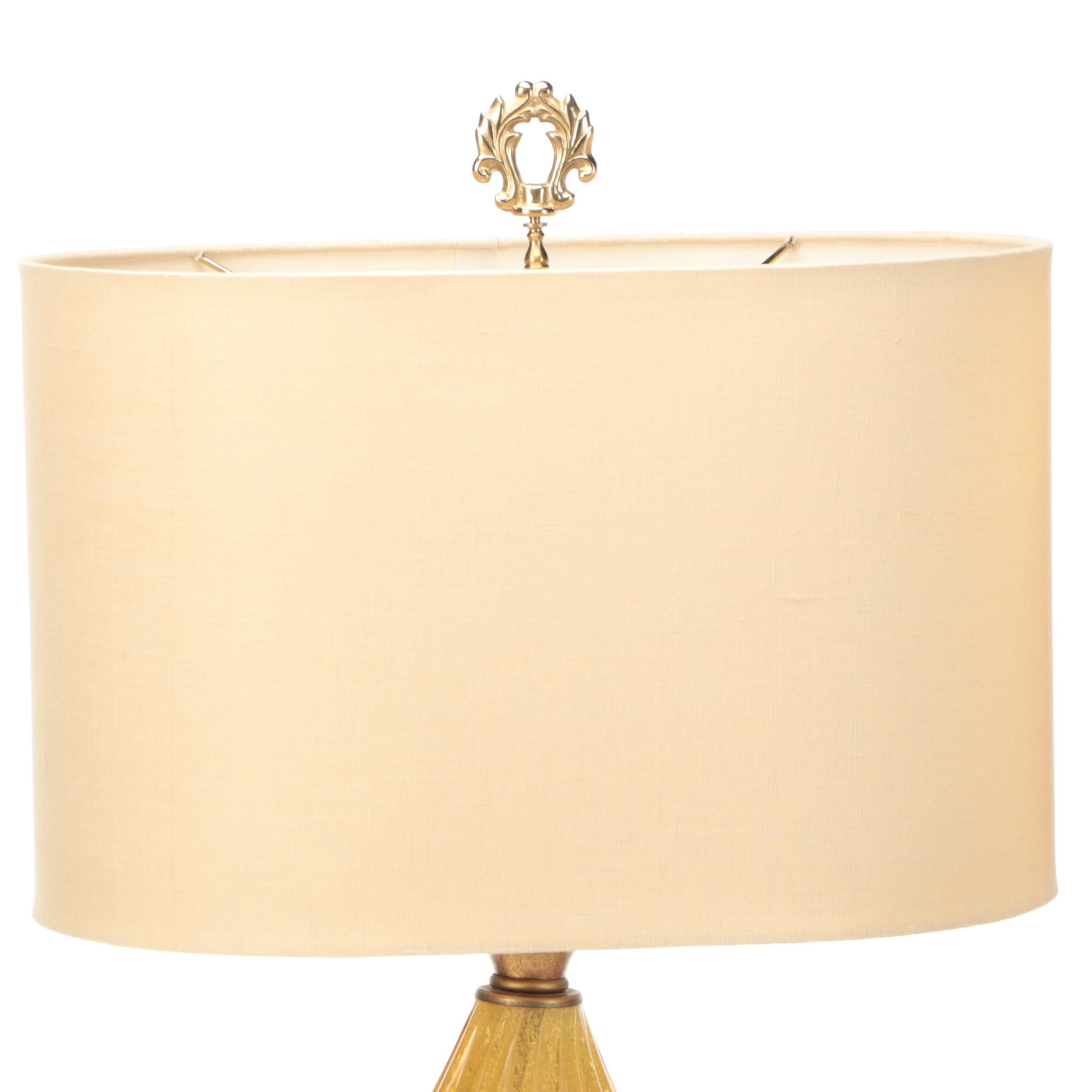 Murano Style Gold Flake Amber Glass and Giltwood Table Lamps, & Oval Drum Shades