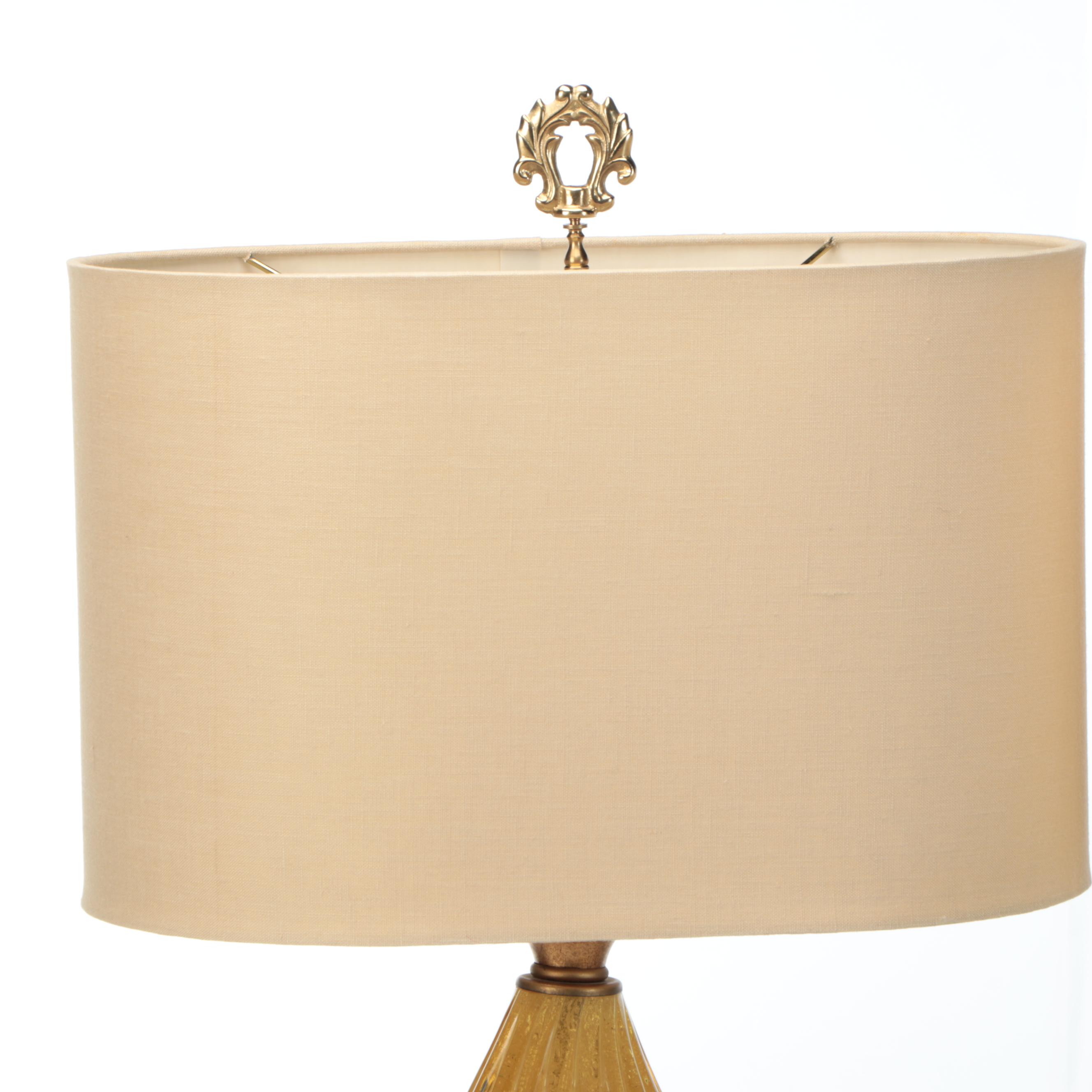 Murano Style Gold Flake Amber Glass and Giltwood Table Lamps, & Oval Drum Shades