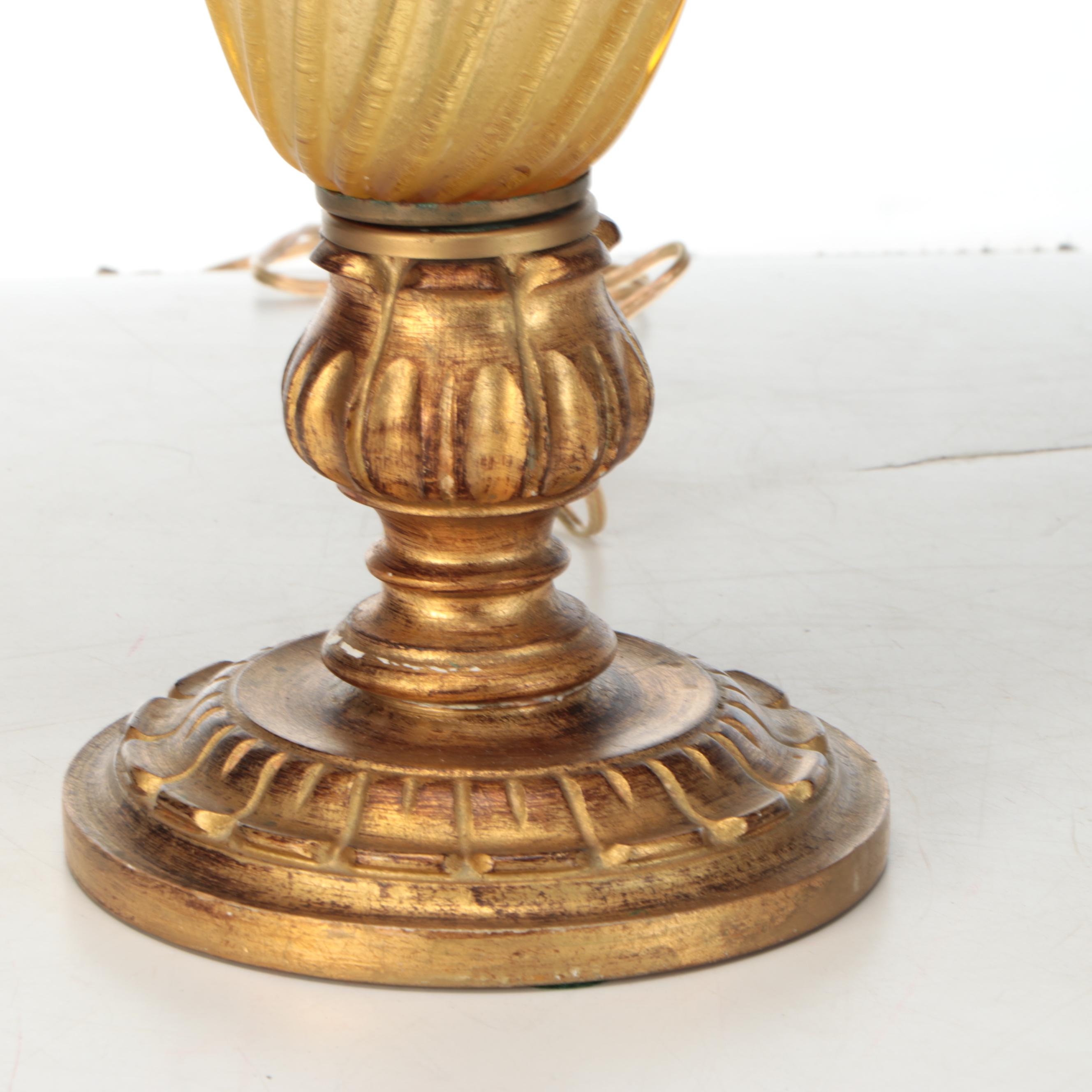 Murano Style Gold Flake Amber Glass and Giltwood Table Lamps, & Oval Drum Shades